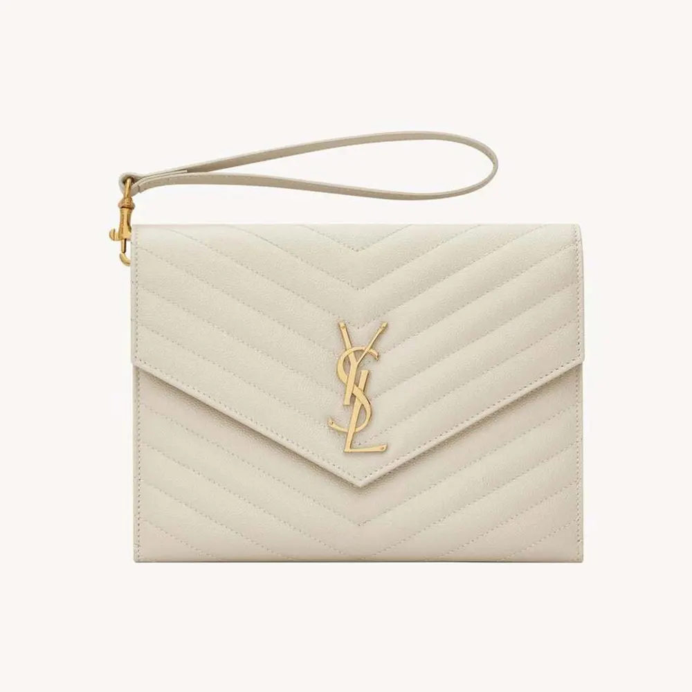 Front view of Saint Laurent YSL Women Cassandre Matelassé Flap Pouch in white leather