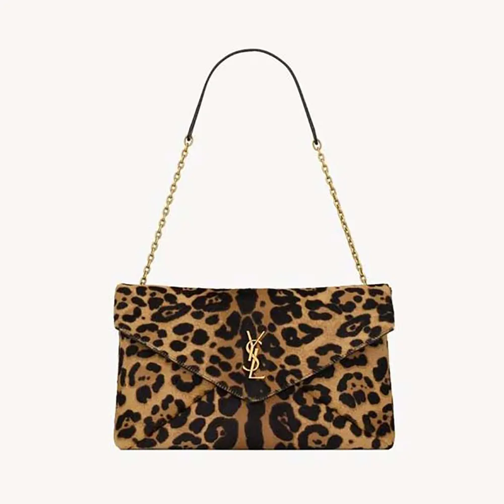 Front view of Saint Laurent YSL Cassandre Pouch On Chain in brown pony hair