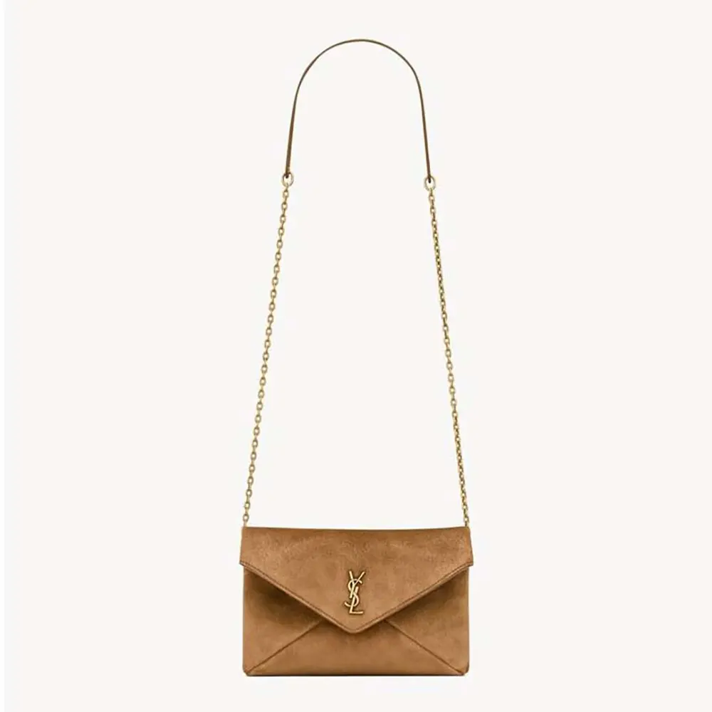 Front angle of Saint Laurent YSL Women Cassandre Small Chain Pouch In Suede 19cm brown suede