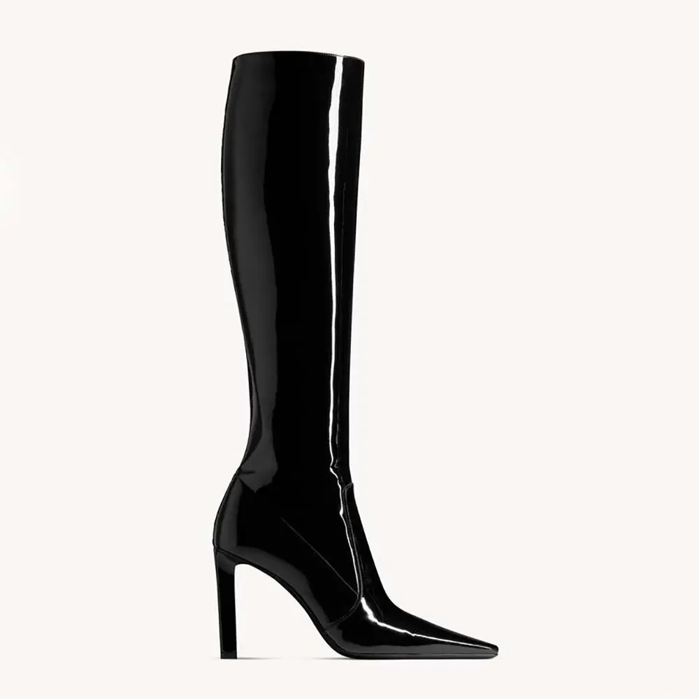 Side profile of Saint Laurent YSL Women Francoise Boots In Smooth Leather Black