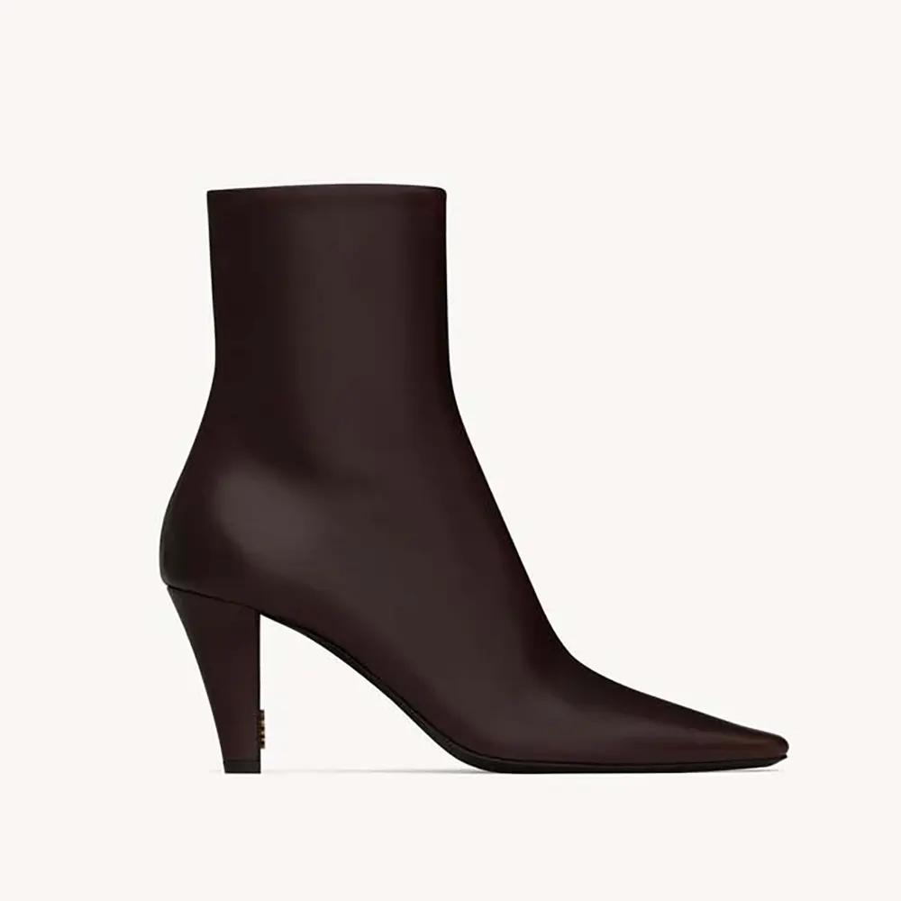 Front angle view of Saint Laurent YSL Women Jill Booties in bordeaux