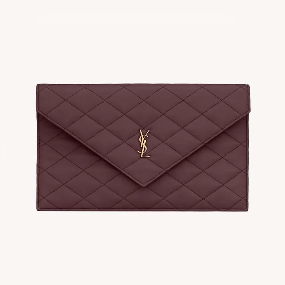 Front close-up of Saint Laurent YSL Women Paris Pouch In Lambskin Rouge Cabernet showing gold YSL logo