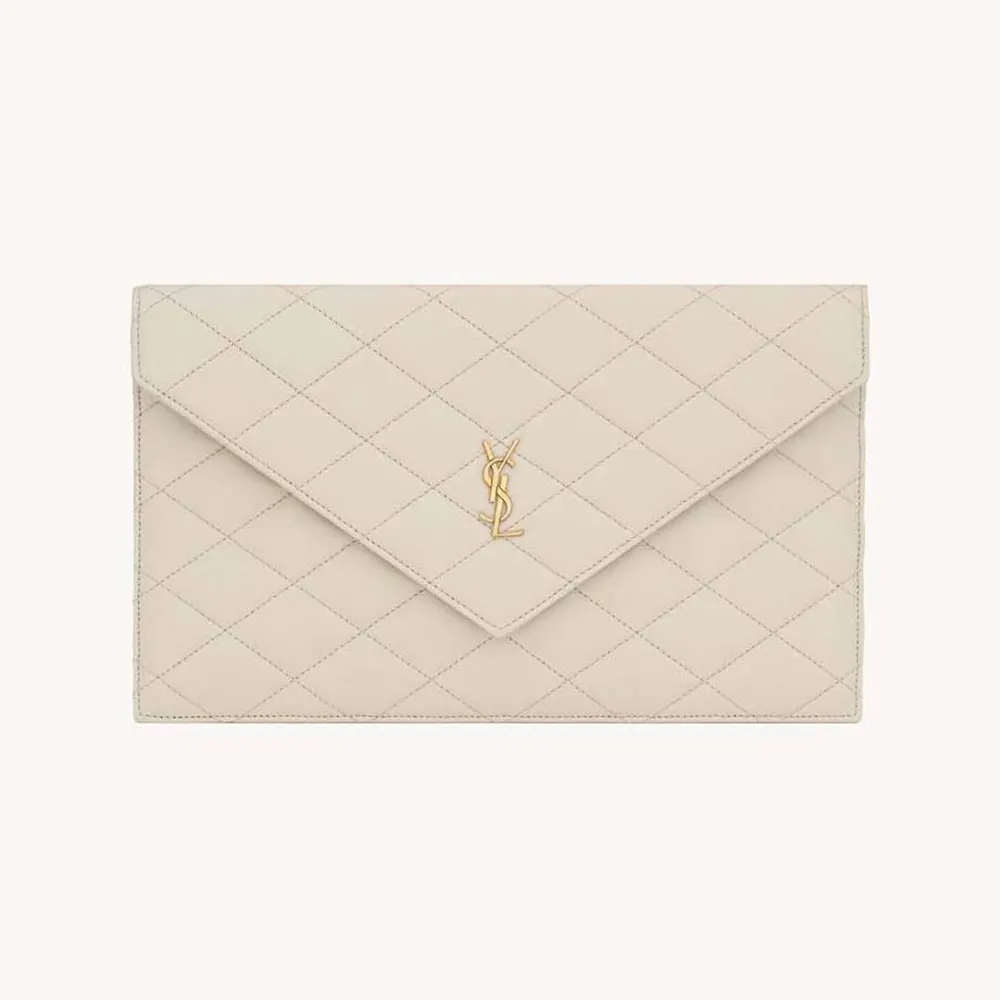 Front view of Saint Laurent YSL Women Paris Pouch In Lambskin White with gold logo