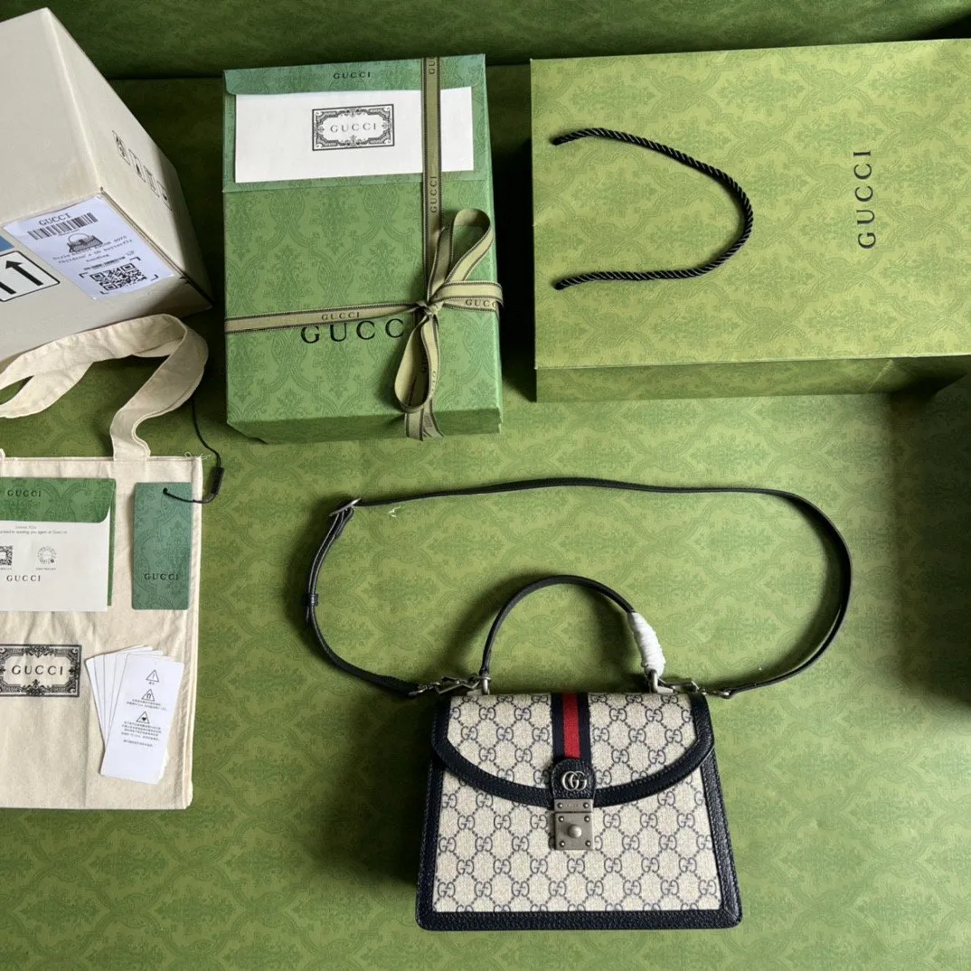Gucci Ophidia Small Top Handle Bag / Beige Supreme Canvas Silver Hardware - Image 6