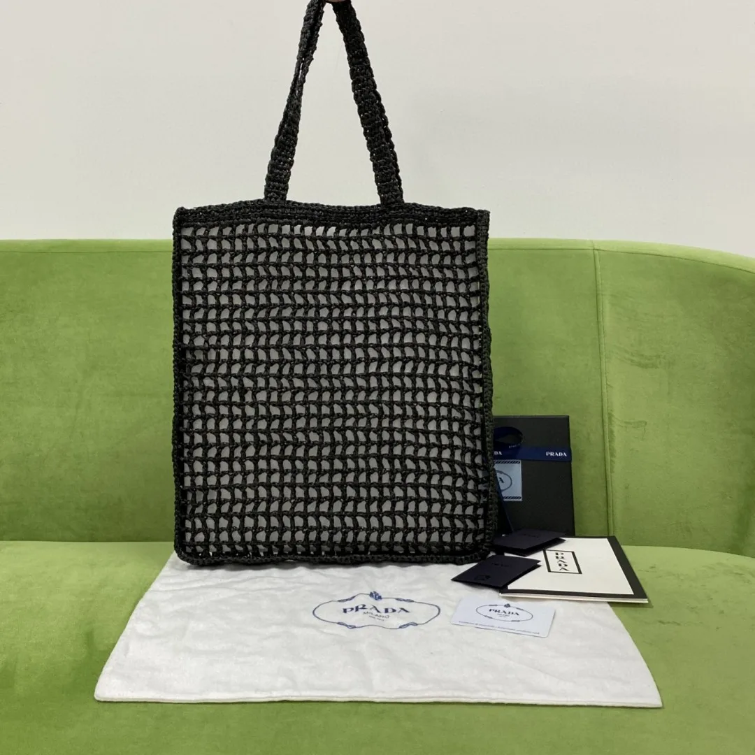 Prada Raffia Tote Bag Black - Image 3