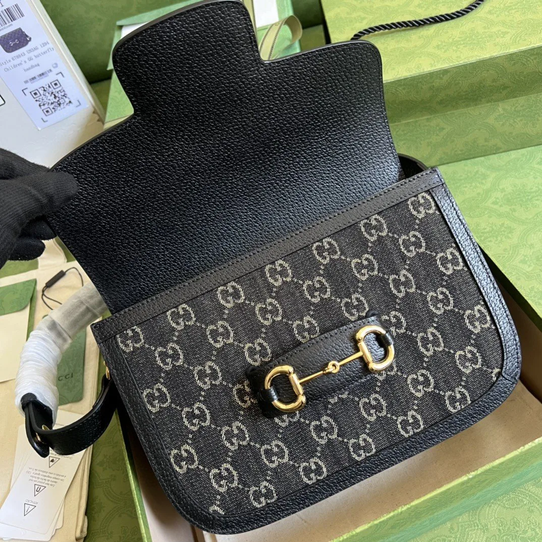 Gucci Horsebit 1955 Shoulder Bag / Black And Ivory GG Denim Jacquard Gold Hardware - Image 5