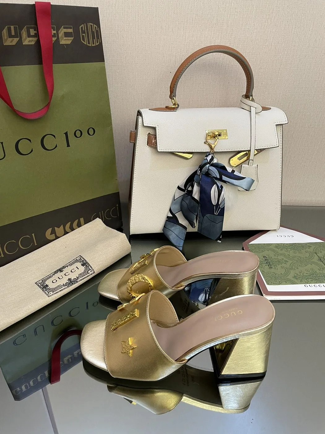 Gucci Women’s ‘Gucci’ Slide Sandal Gold - Image 4