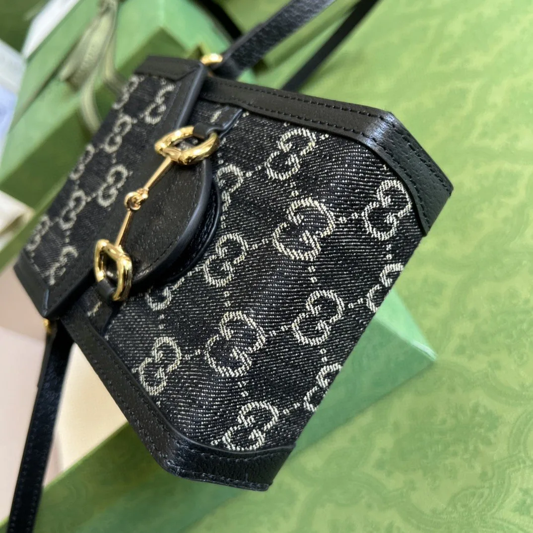 Alternative view of Gucci Horsebit 1955 Mini Bag Black And Ivory GG Denim Jacquard /