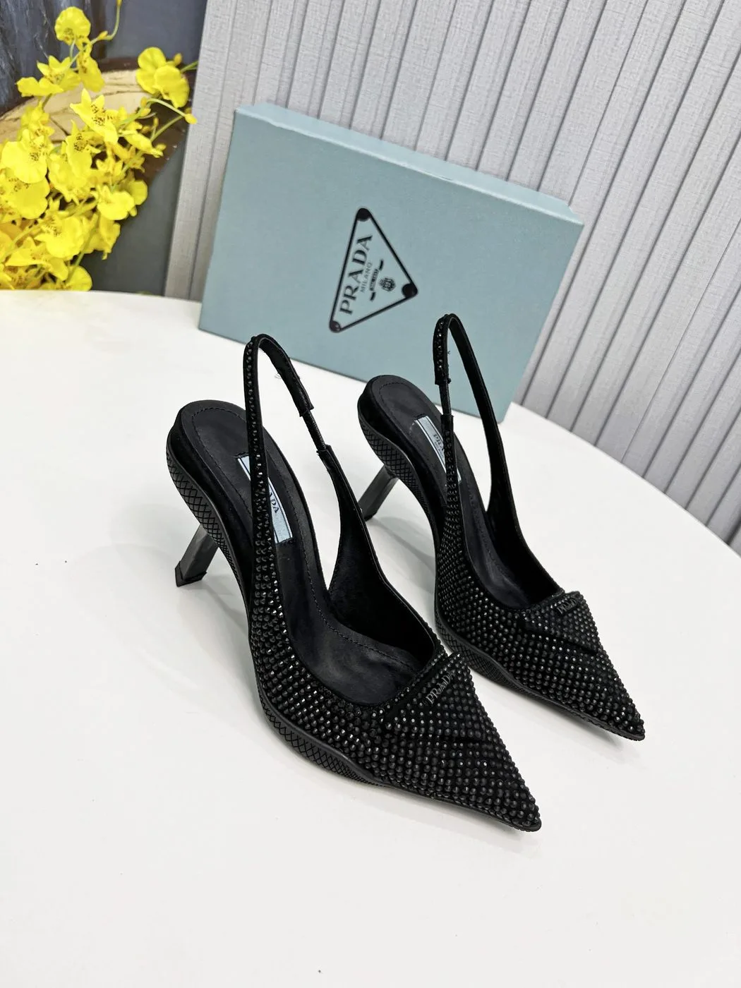 Prada Satin Slingback Pumps With Crystals Black / PRD - Image 4