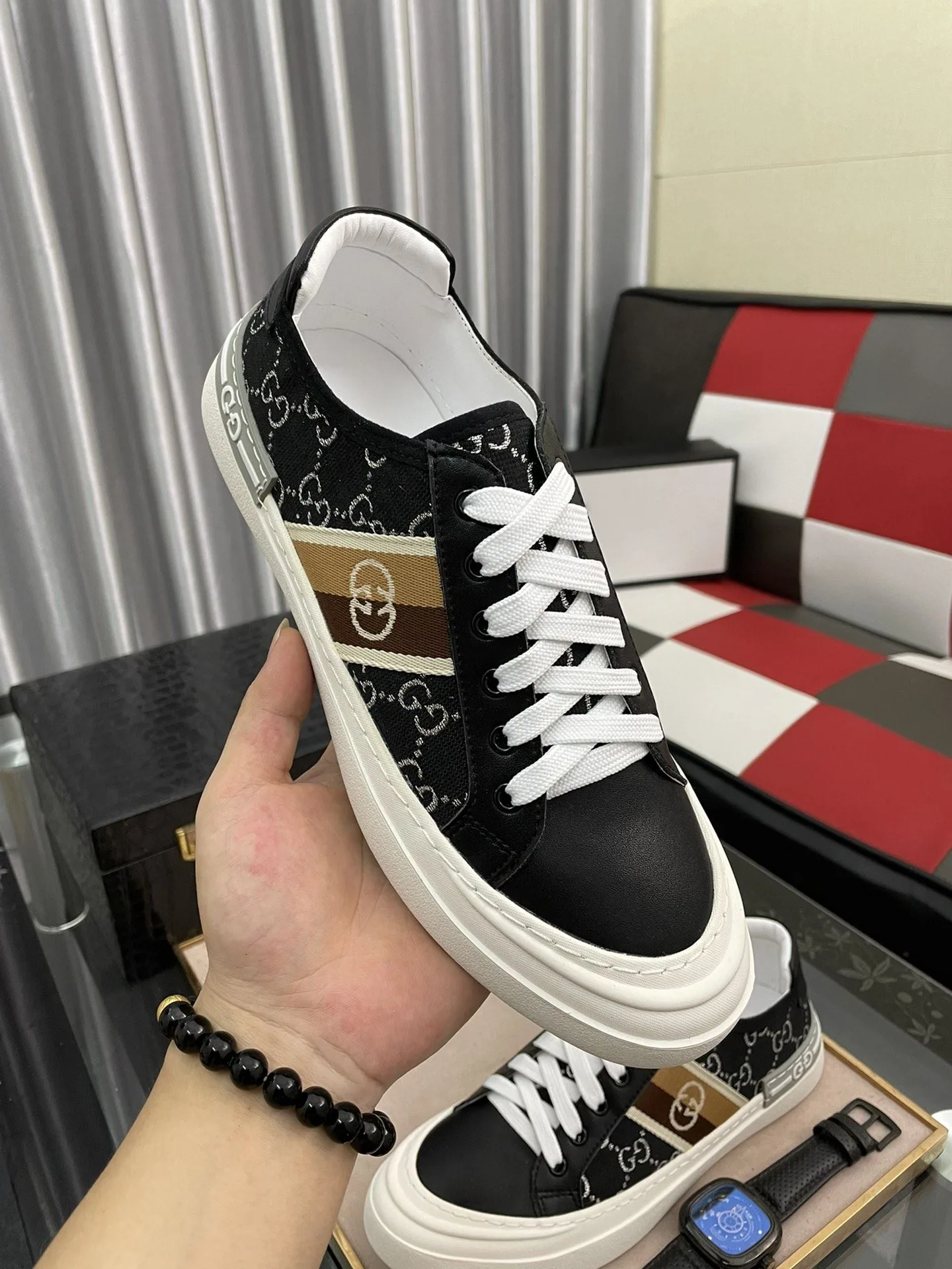 Gucci Men’s GG Embroidery Sneaker With Web Black - Image 4