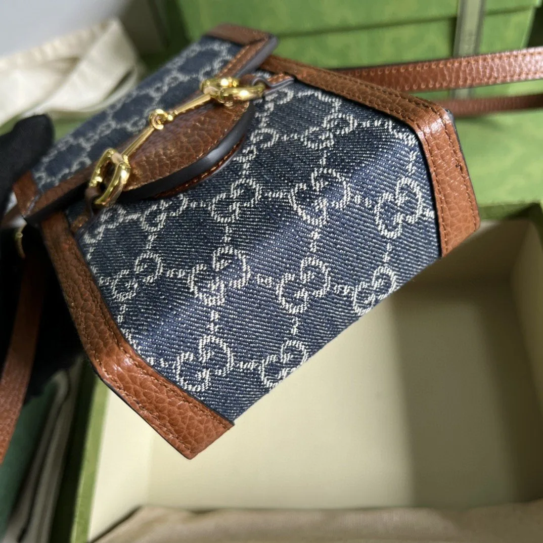 Gucci Horsebit 1955 Mini Bag Blue And Ivory GG Denim Jacquard / - Image 4