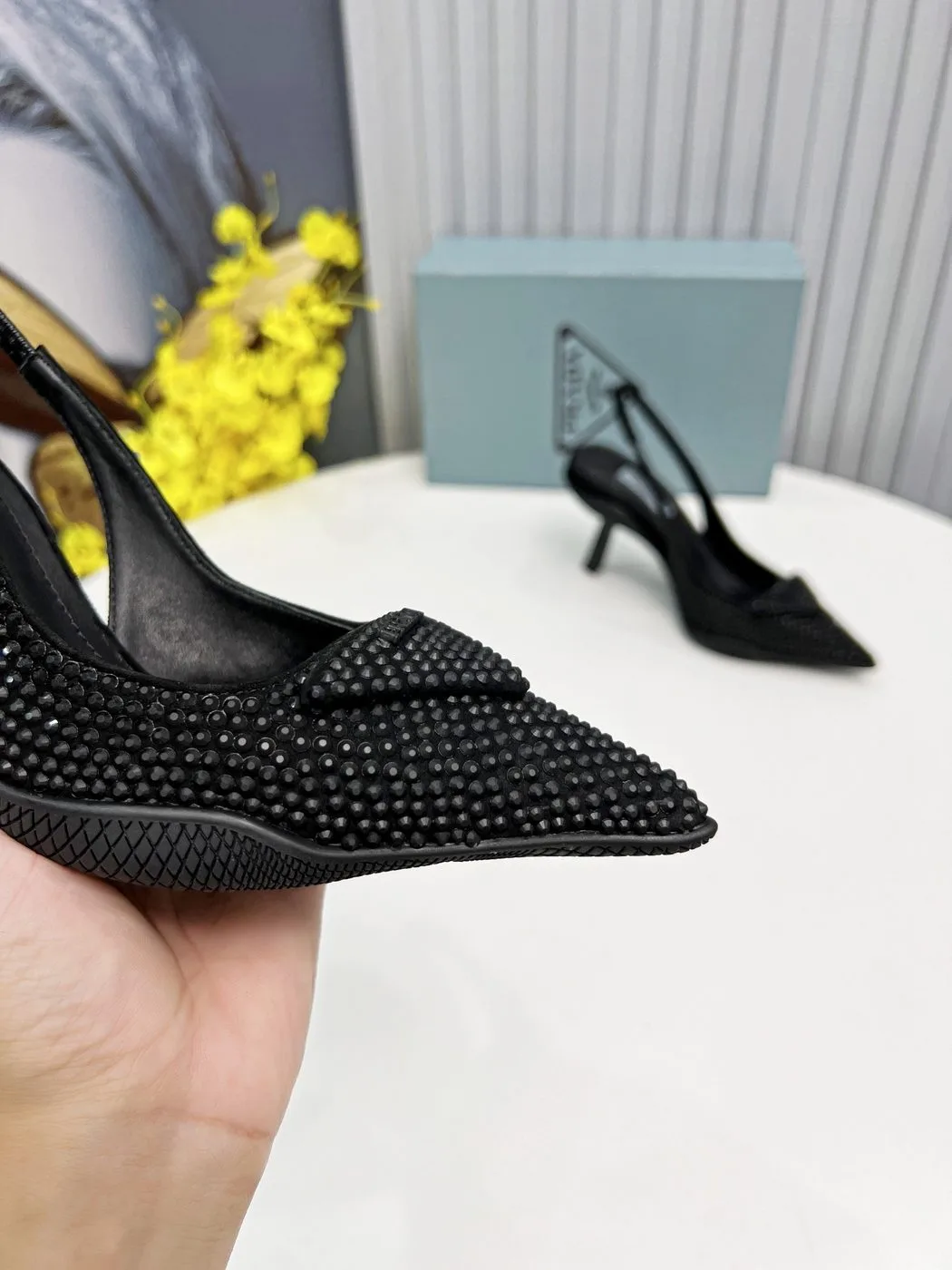 Prada Satin Slingback Pumps With Crystals Black / PRD - Image 3