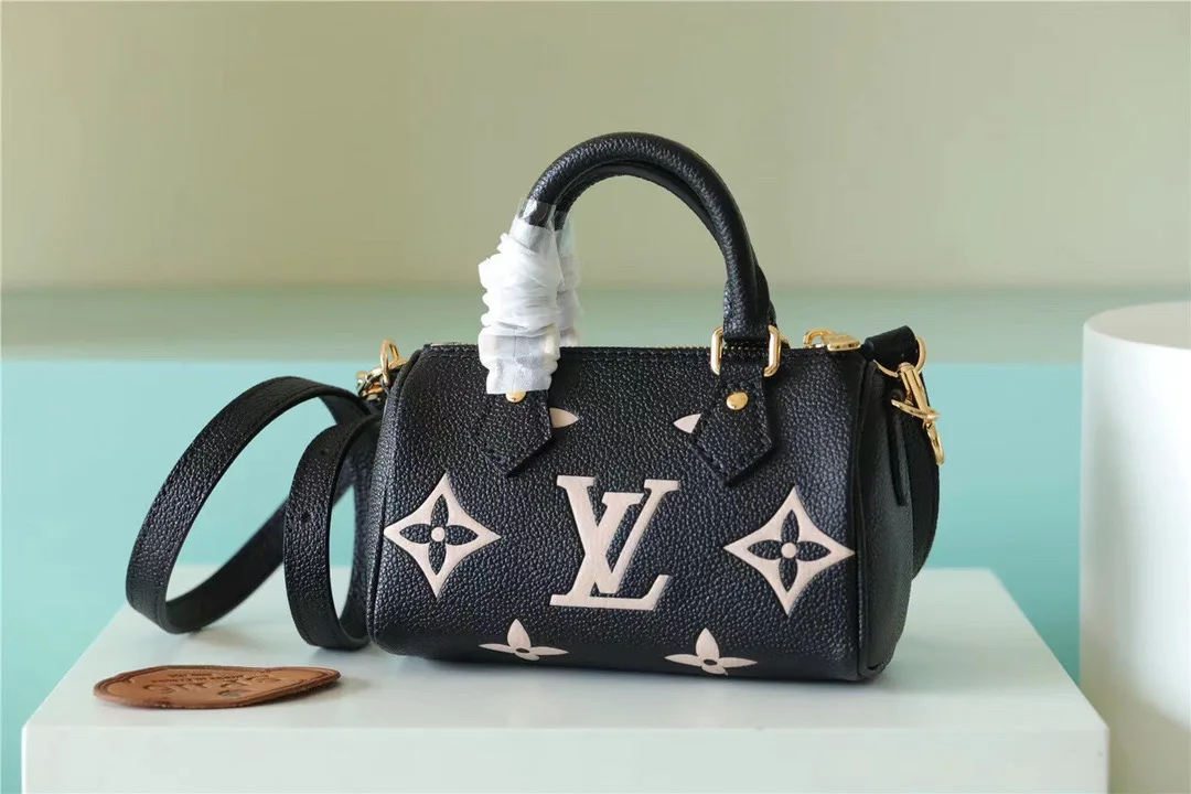 Louis Vuitton Nano Speedy Top Handle Bag / Black/ Beige Monogram Empreinte Gold Hardware - Image 5