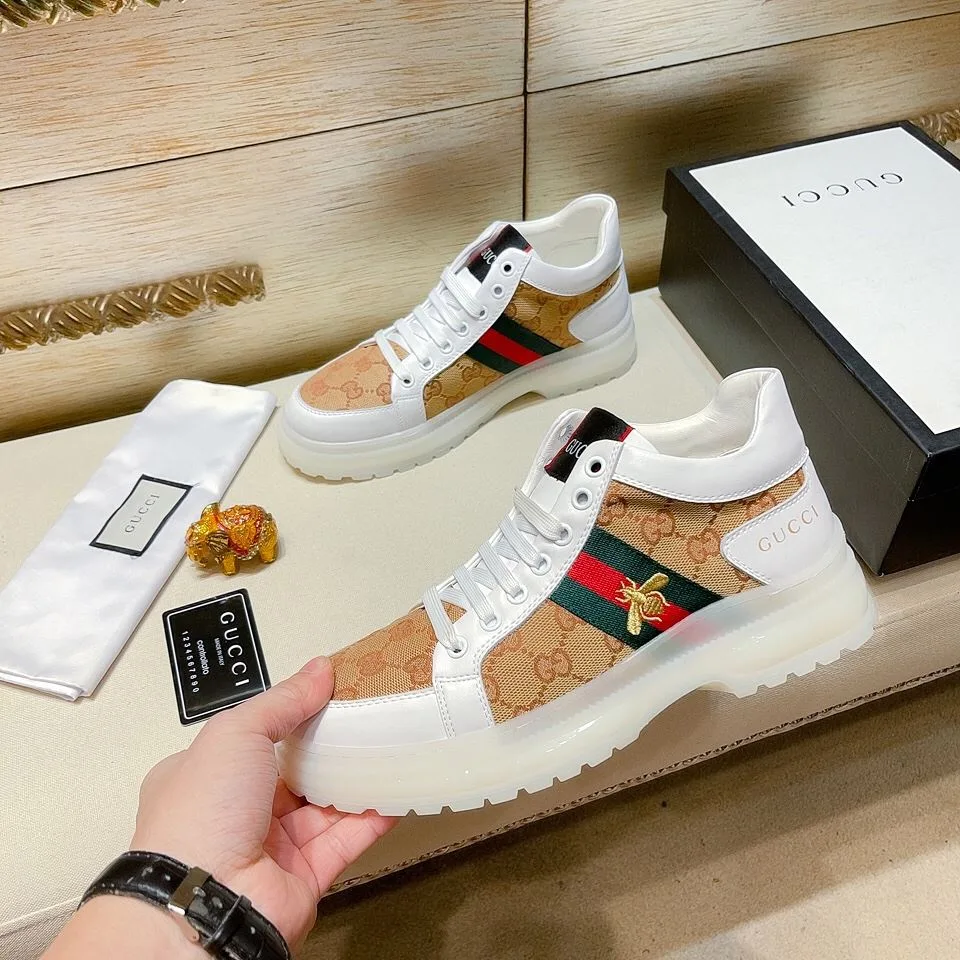 Gucci Men’s GG With Web And Bee High Top Sneaker White - Image 4