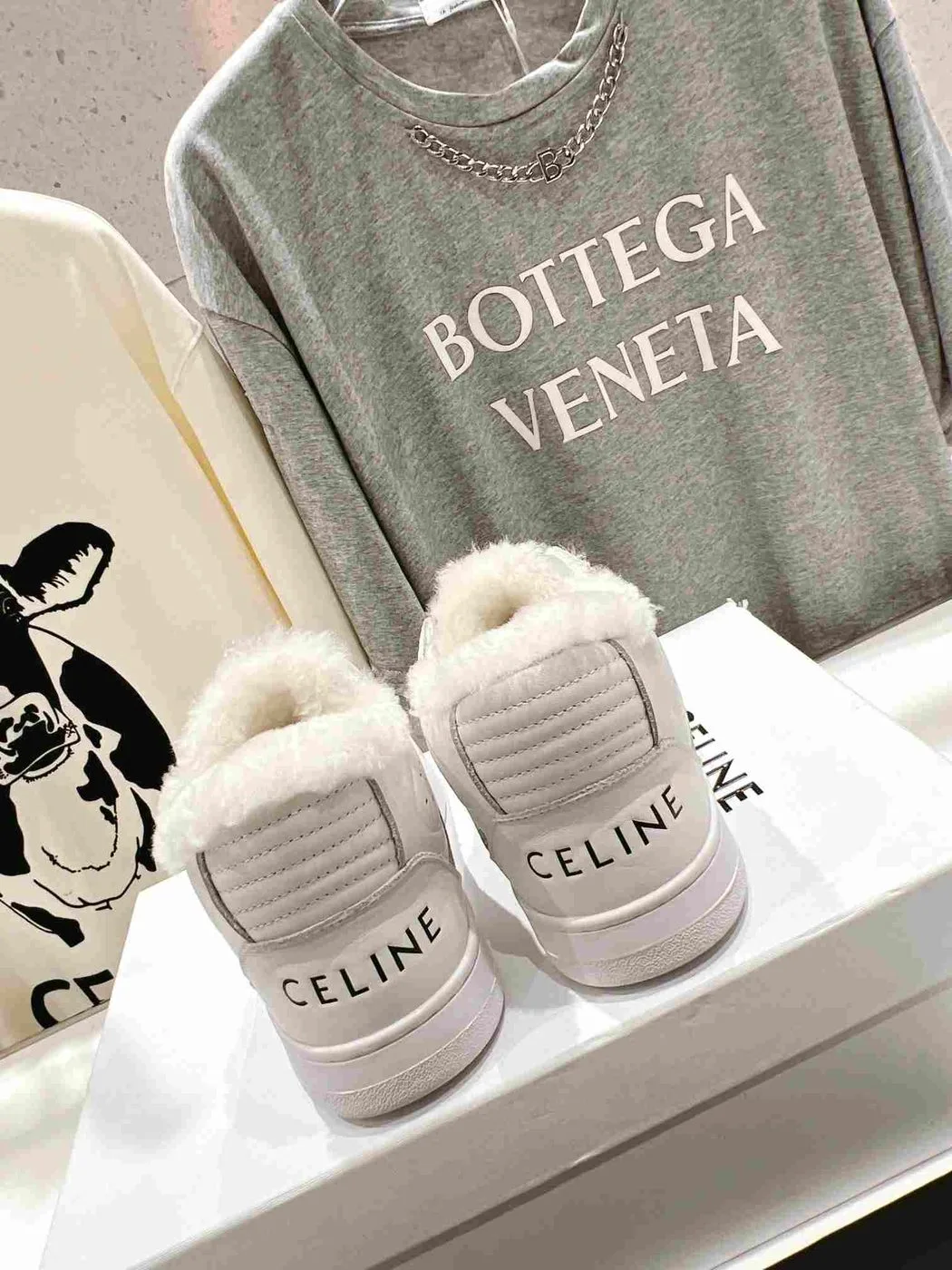Celine Block Sneakers With Wedge Outsole With Fur White - Image 4