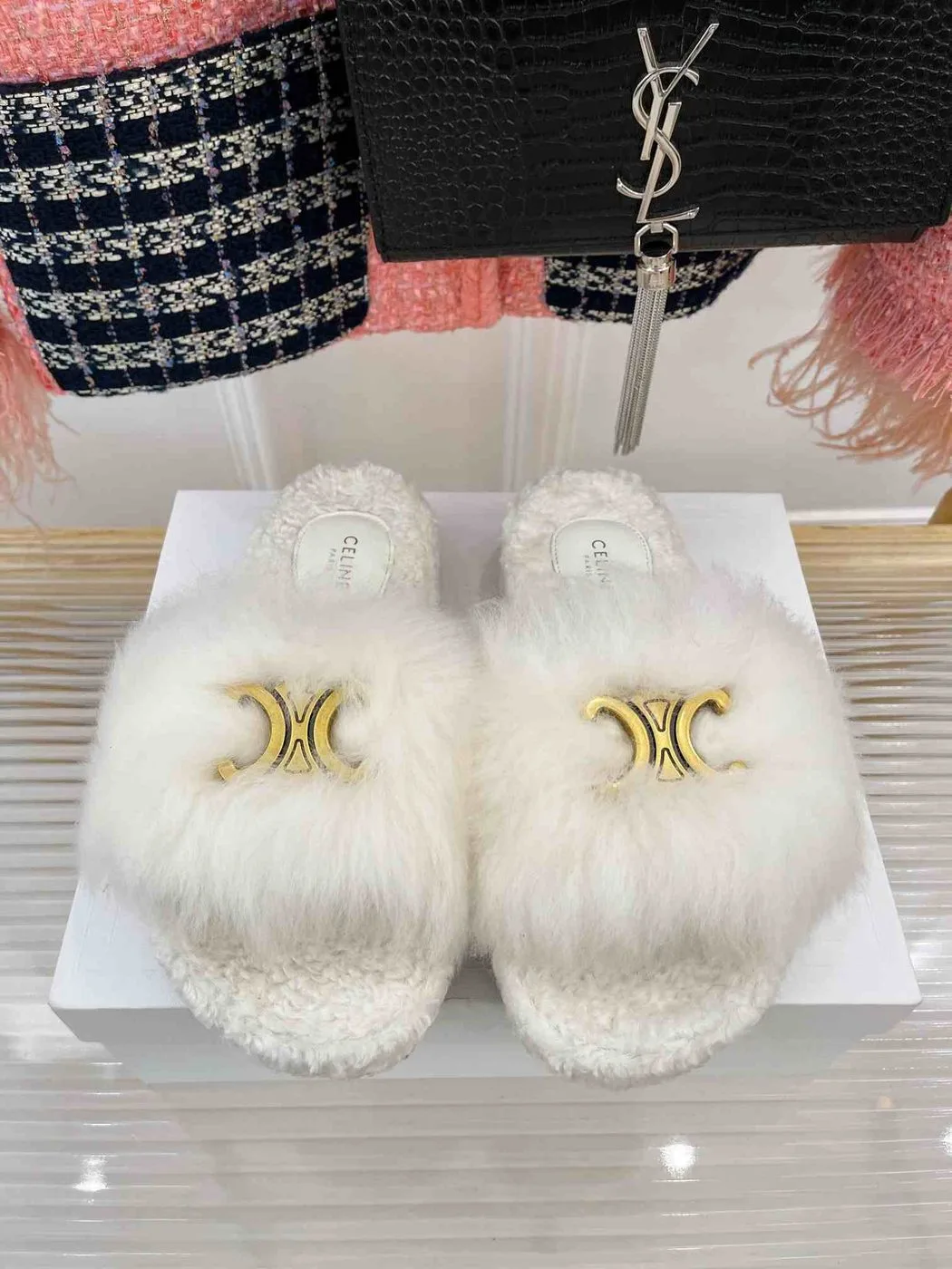 Celine Clea Triomphe Slide With Fur White - Image 3