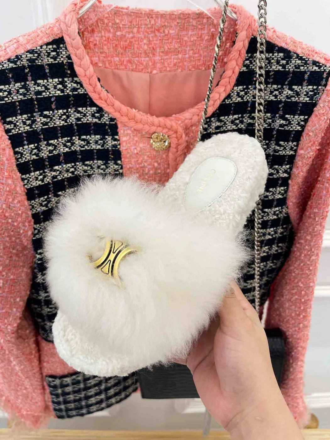 Celine Clea Triomphe Slide With Fur White - Image 4