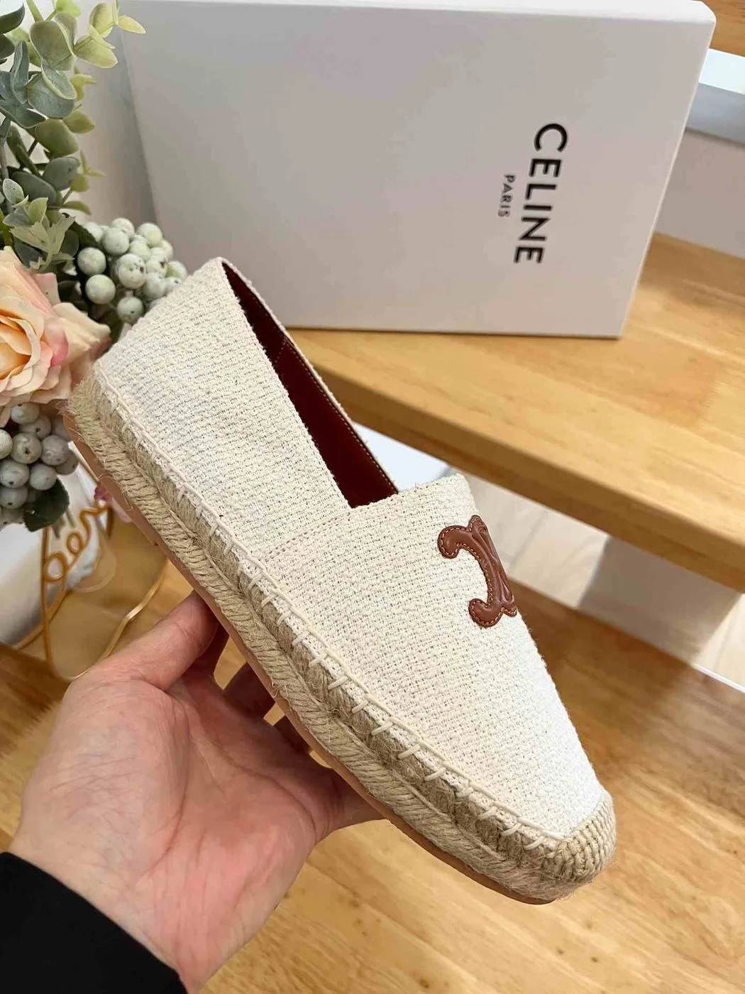 Celine Flat Espadrille With Triomphe Patch In Tweed White - Image 3