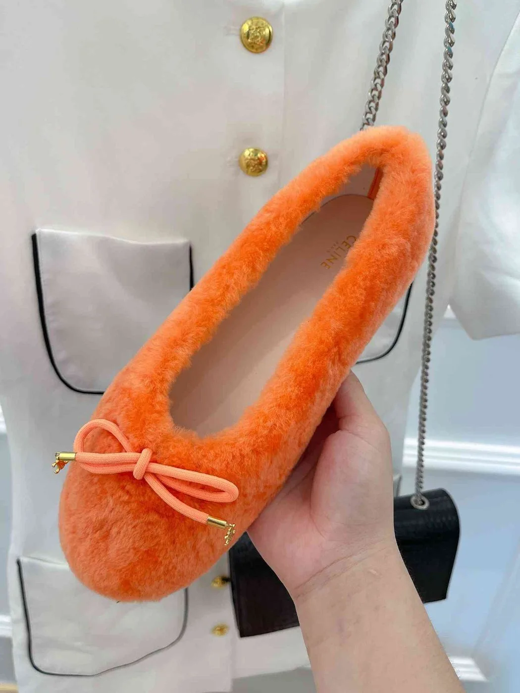 Celine Les Ballerines Celine Ballerina With Triomphe Laces And Fur Orange - Image 4