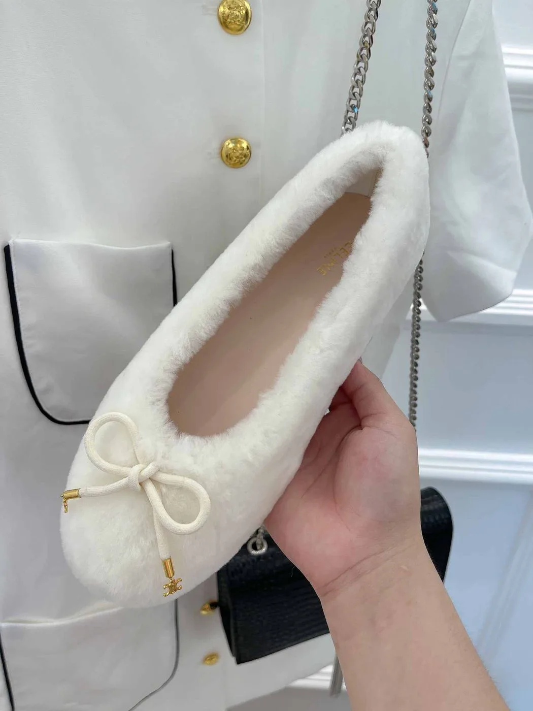 Celine Les Ballerines Celine Ballerina With Triomphe Laces And Fur White - Image 3