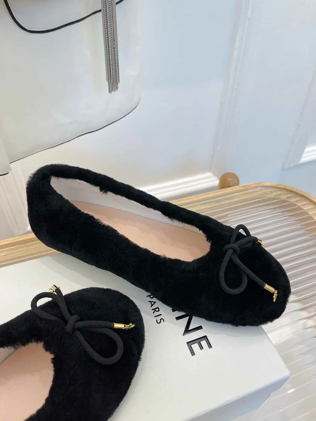 Celine Les Ballerines Celine Ballerina With Triomphe Laces And Fur Black - Image 3
