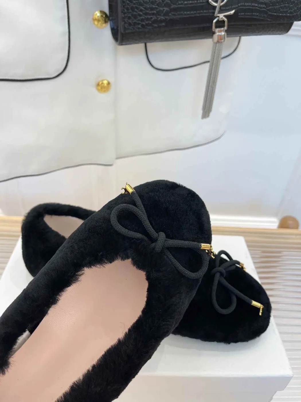 Celine Les Ballerines Celine Ballerina With Triomphe Laces And Fur Black - Image 4