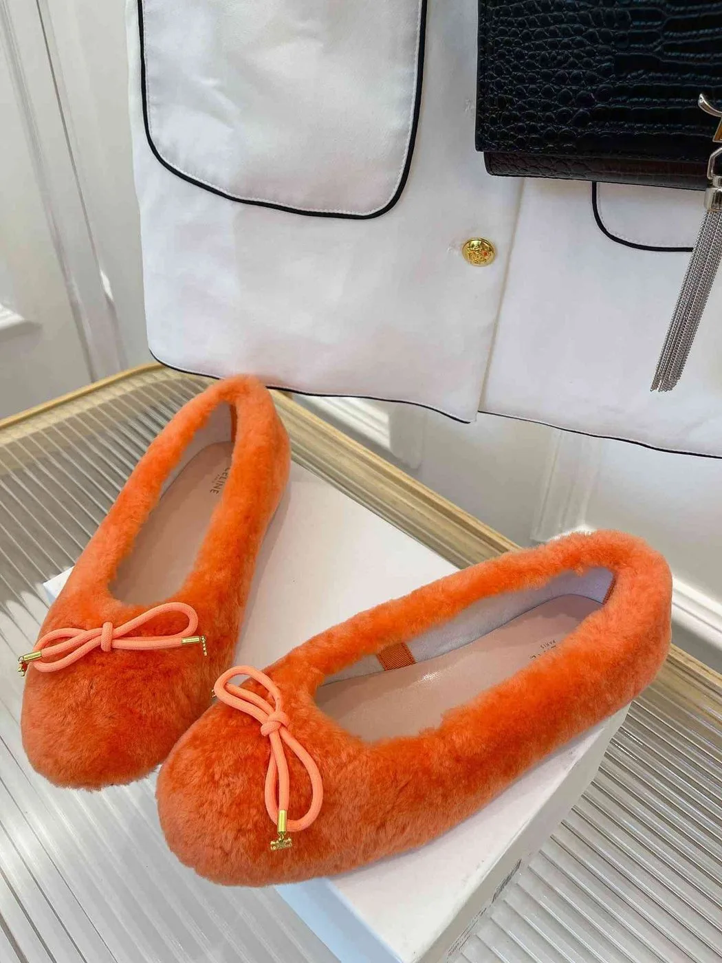 Celine Les Ballerines Celine Ballerina With Triomphe Laces And Fur Orange - Image 3