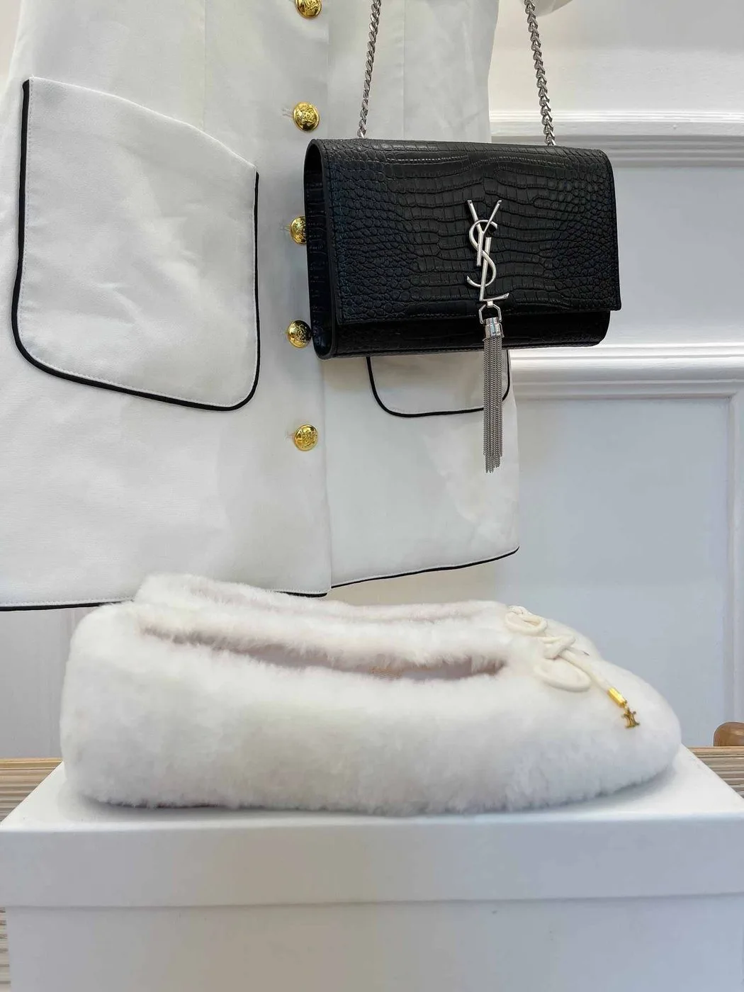 Celine Les Ballerines Celine Ballerina With Triomphe Laces And Fur White - Image 4