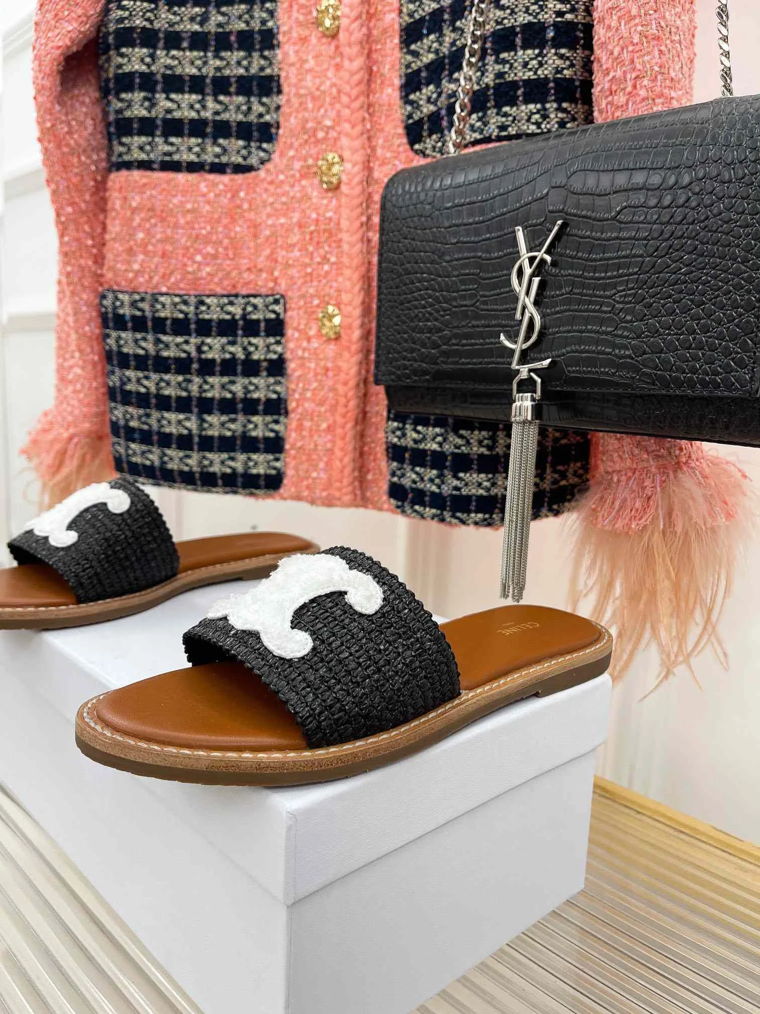 Celine Lympia Flat In Raffia Black - Image 5