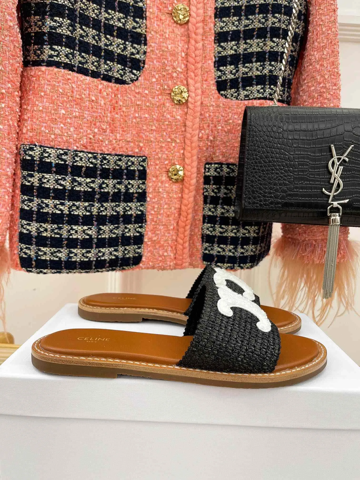 Celine Lympia Flat In Raffia Black - Image 6