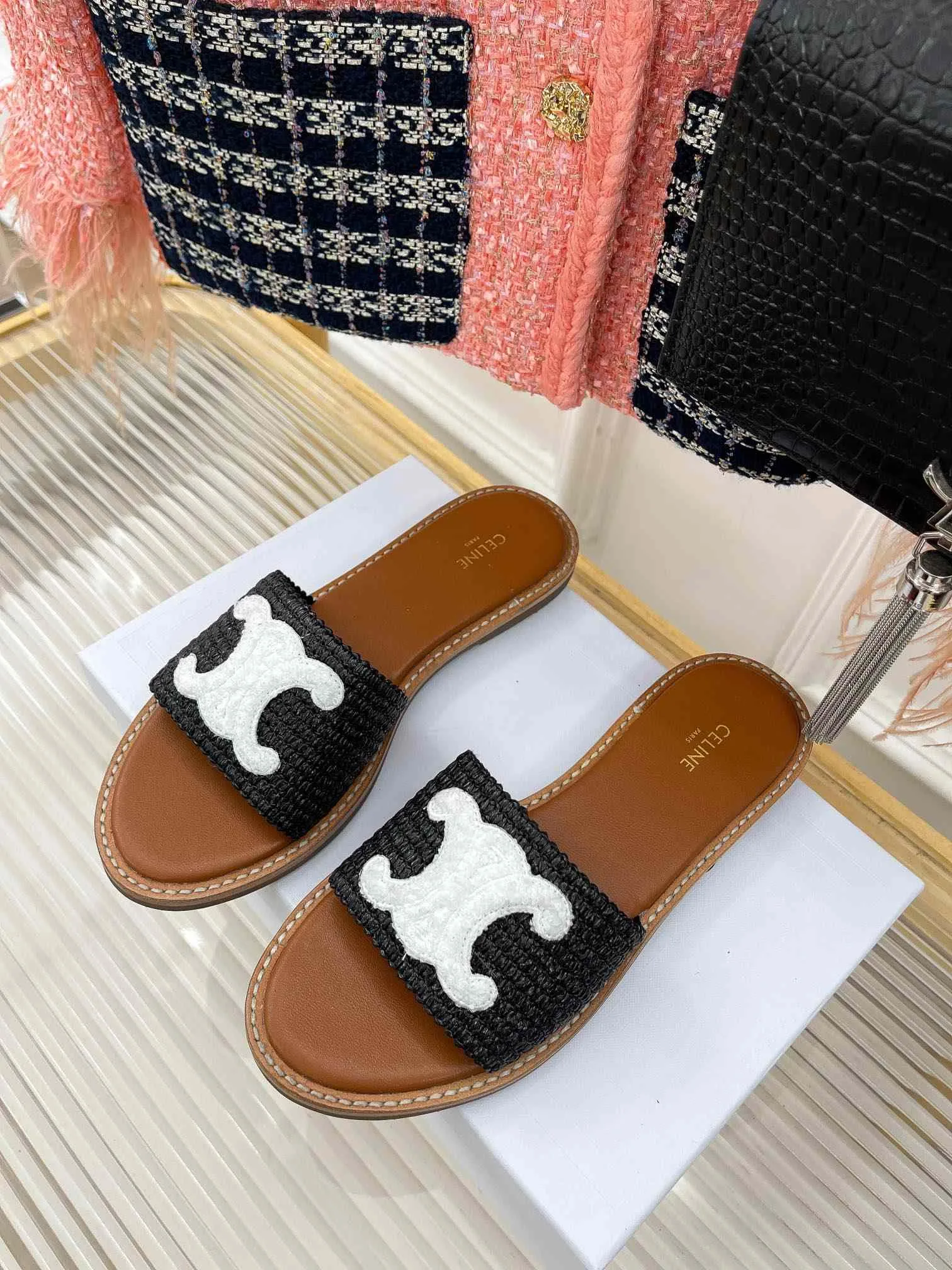 Celine Lympia Flat In Raffia Black - Image 7