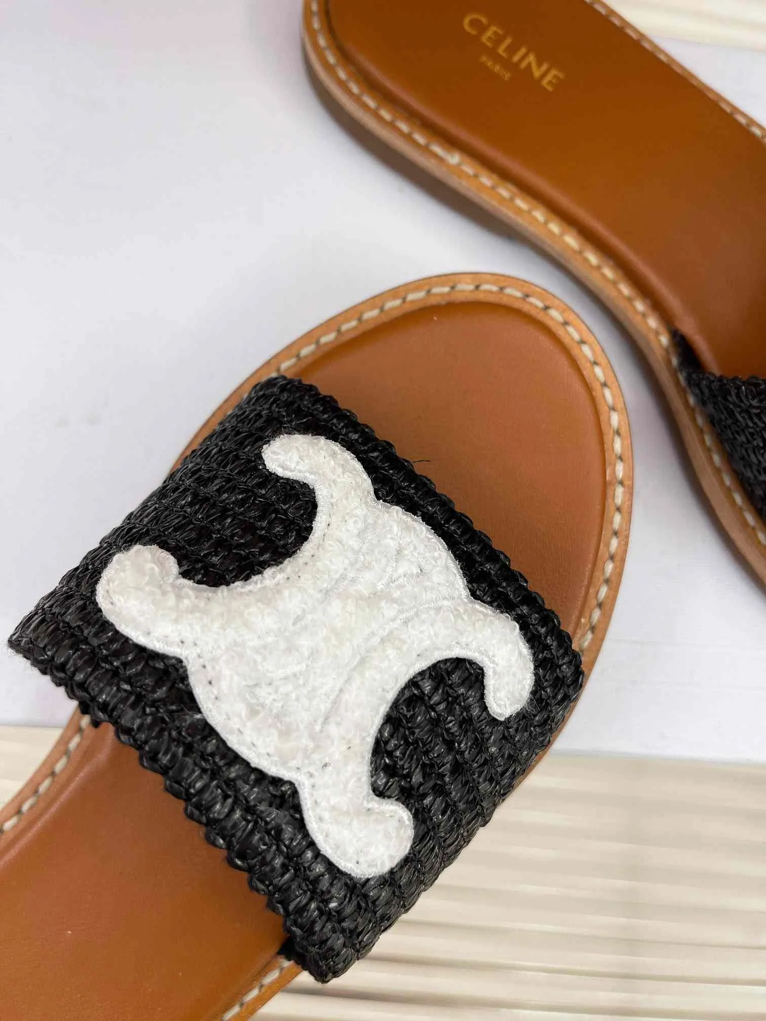 Celine Lympia Flat In Raffia Black - Image 8