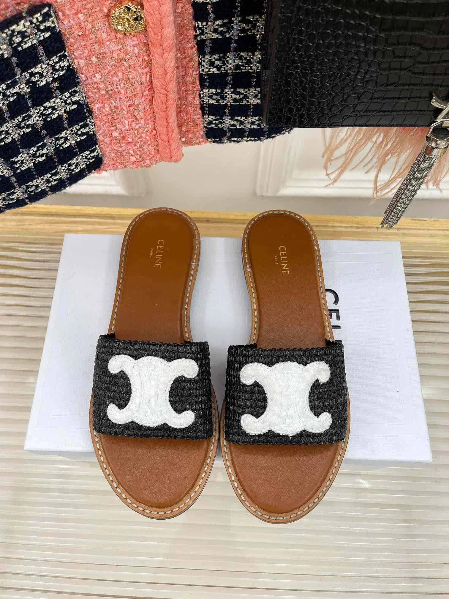 Celine Lympia Flat In Raffia Black - Image 10