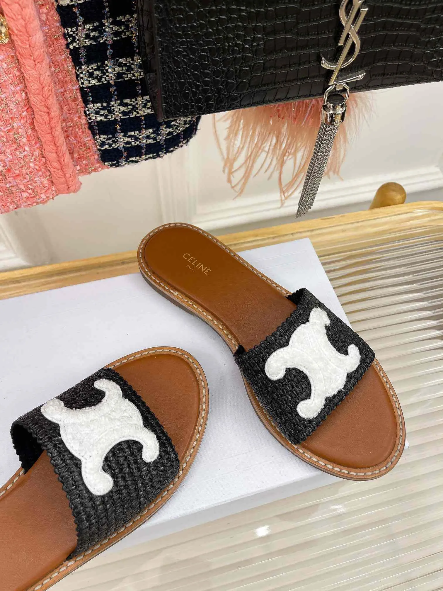 Celine Lympia Flat In Raffia Black - Image 9
