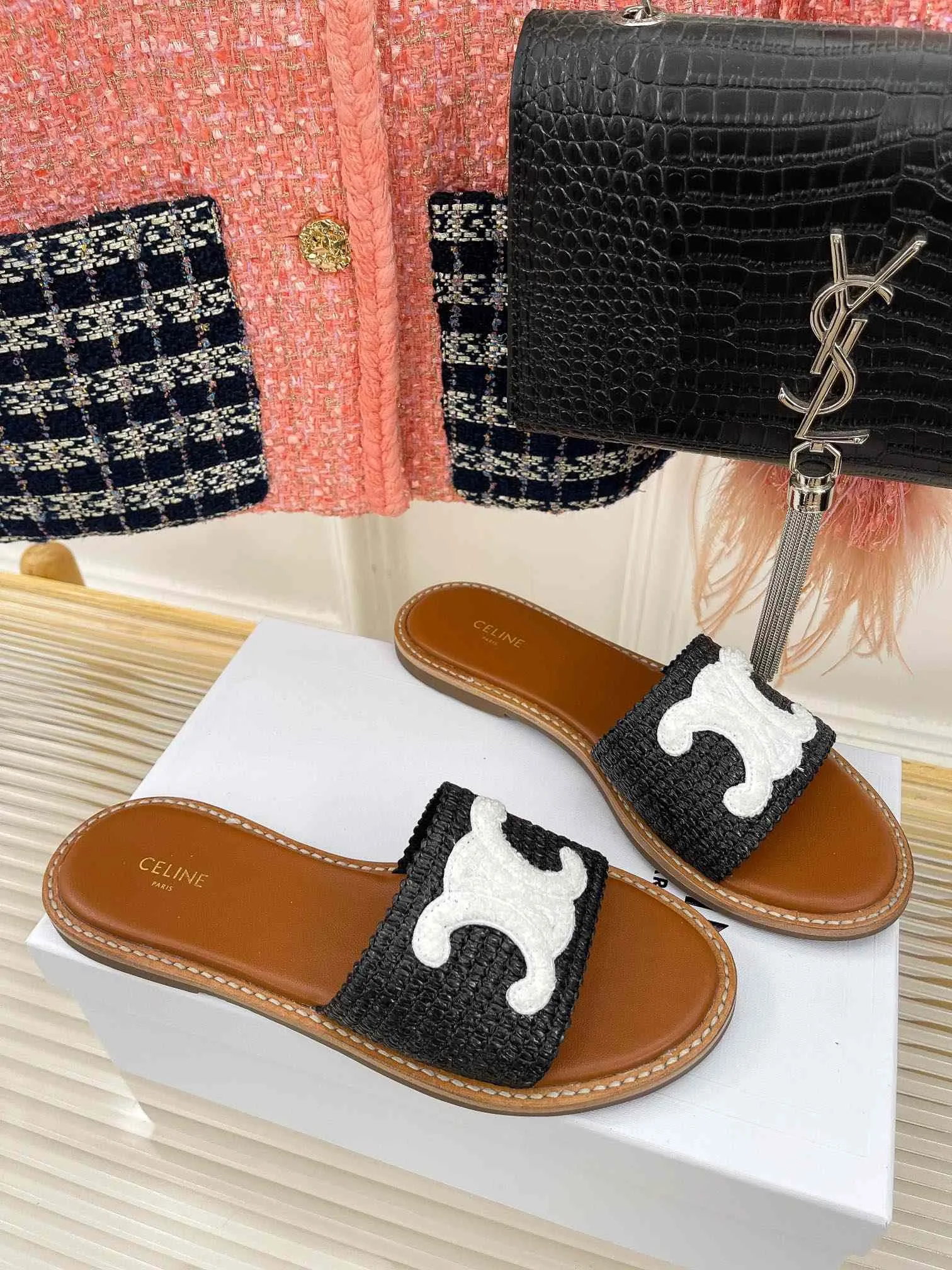 Celine Lympia Flat In Raffia Black - Image 11