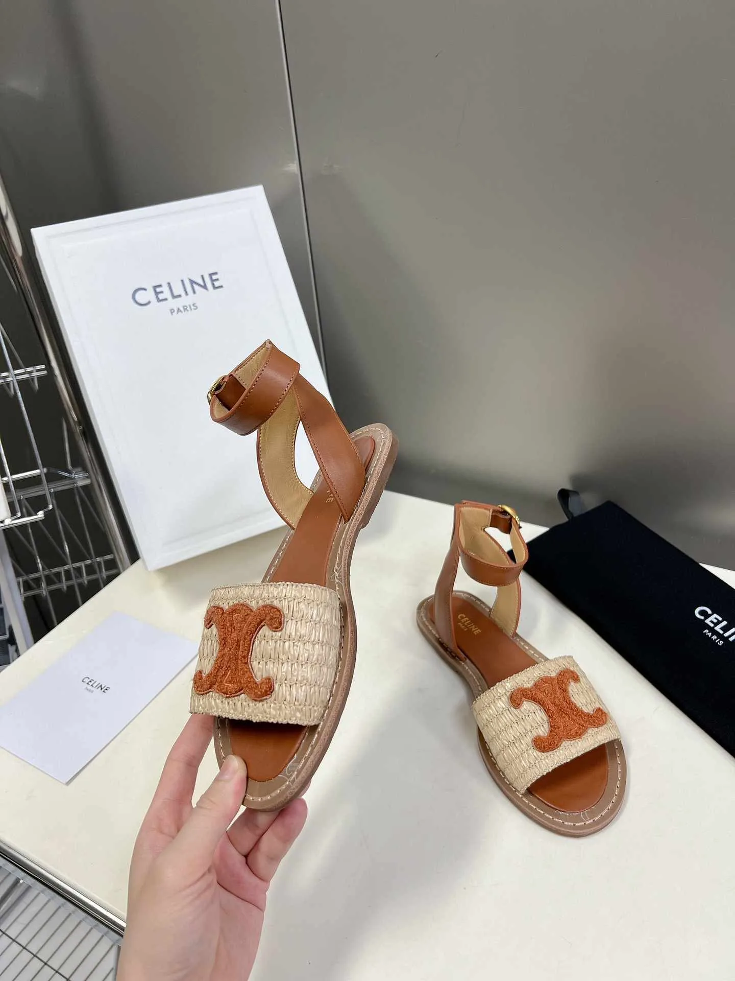 Celine Lympia Flat Strap Sandal In Raffia Brown - Image 5