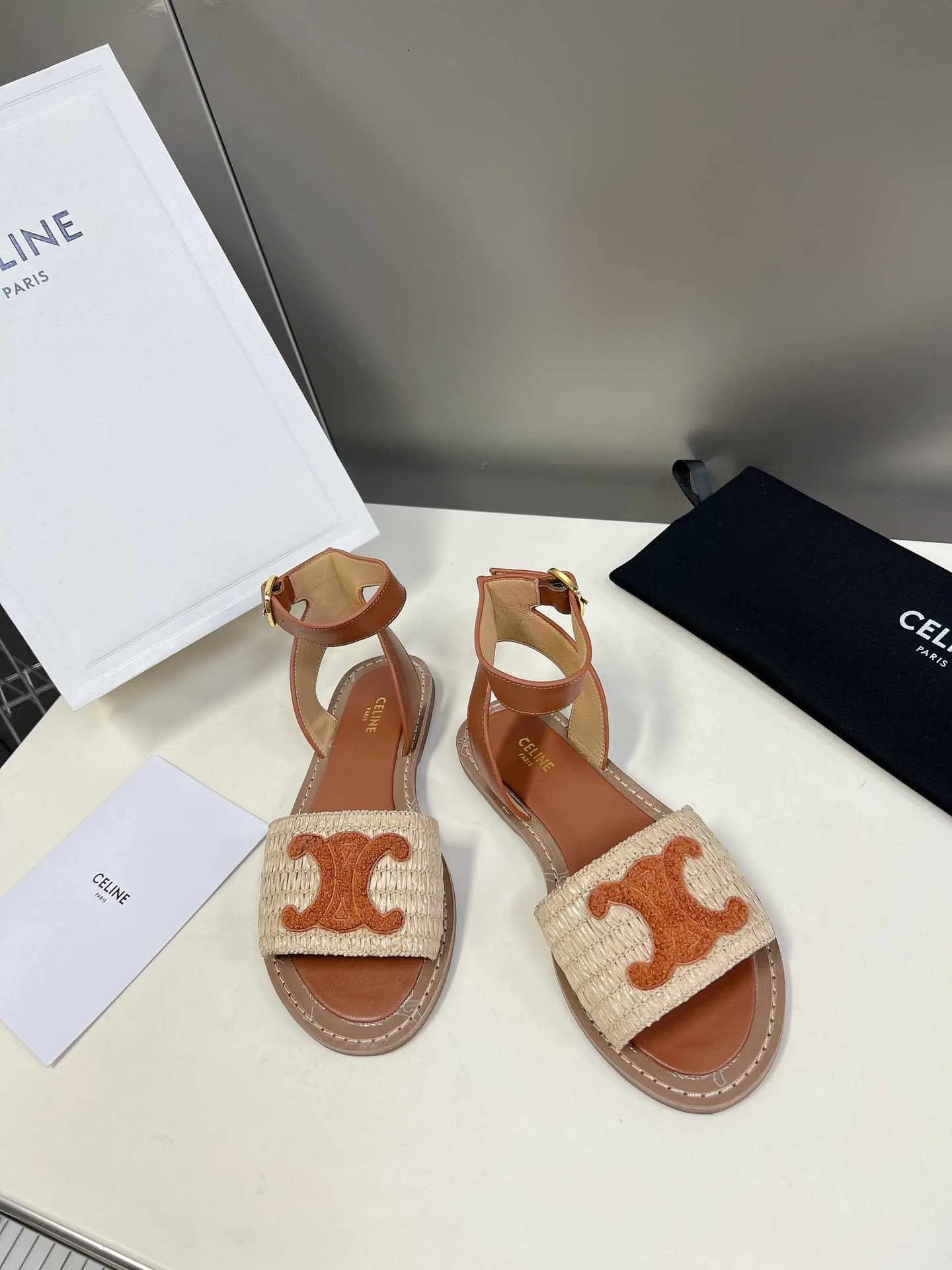 Celine Lympia Flat Strap Sandal In Raffia Brown - Image 6
