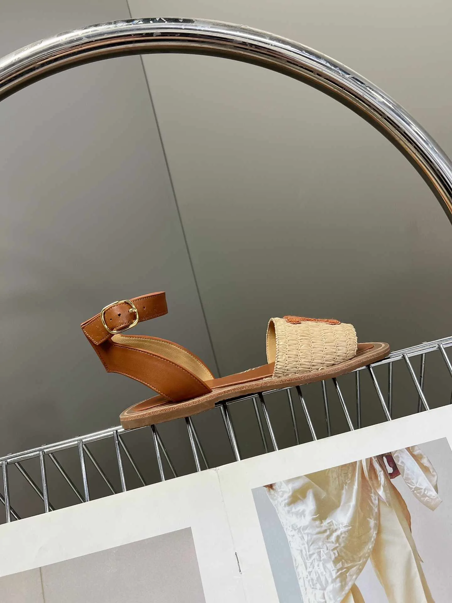 Celine Lympia Flat Strap Sandal In Raffia Brown - Image 7