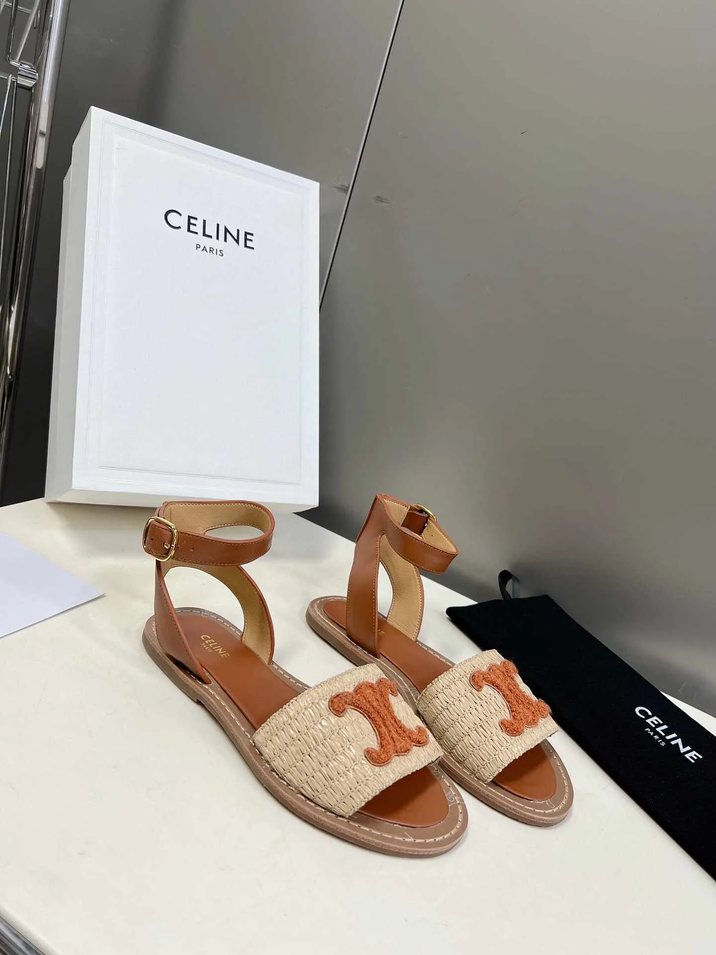 Celine Lympia Flat Strap Sandal In Raffia Brown - Image 8