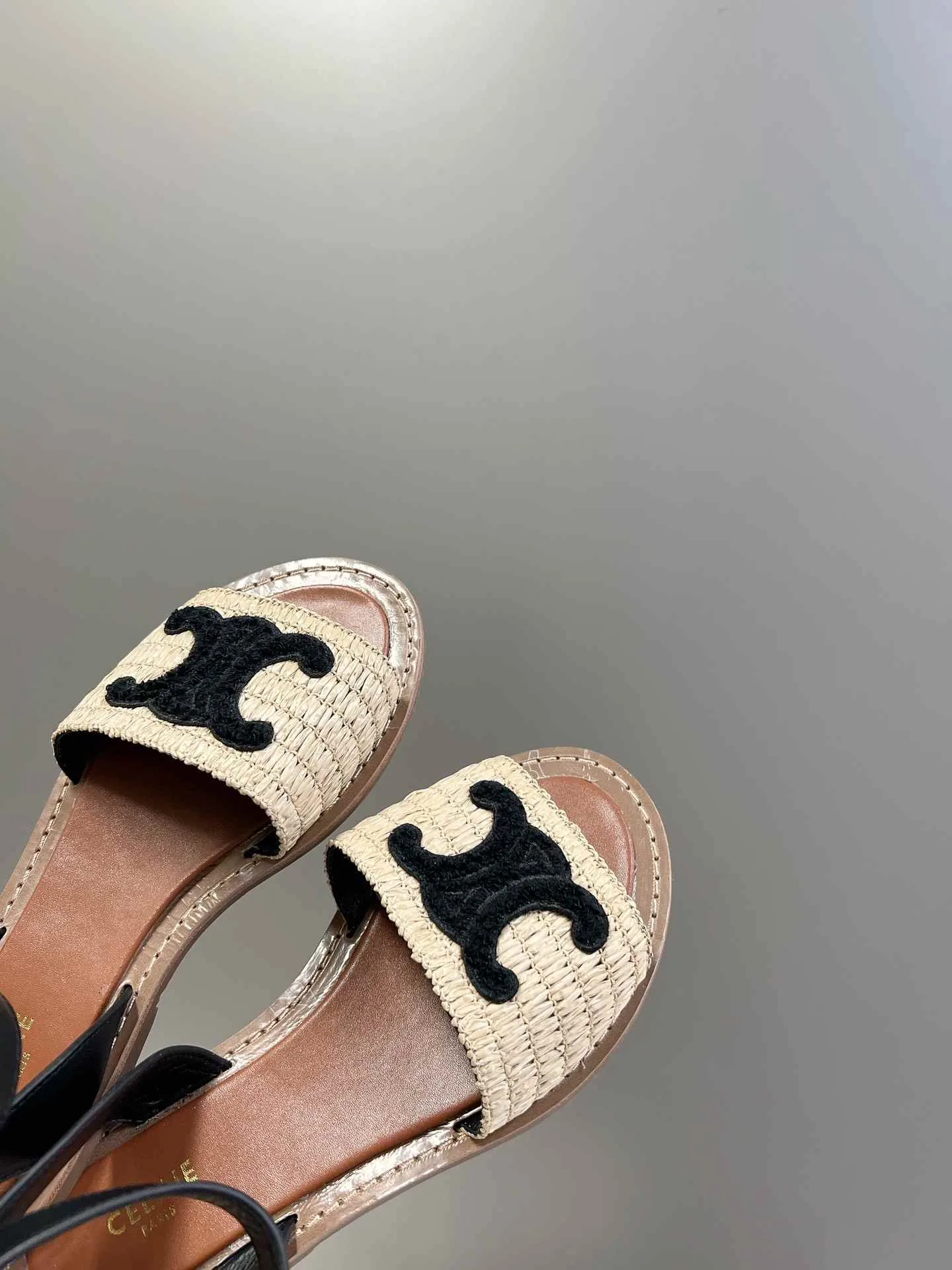 Celine Lympia Flat Strap Sandal In Raffia Black .02BL - Image 3