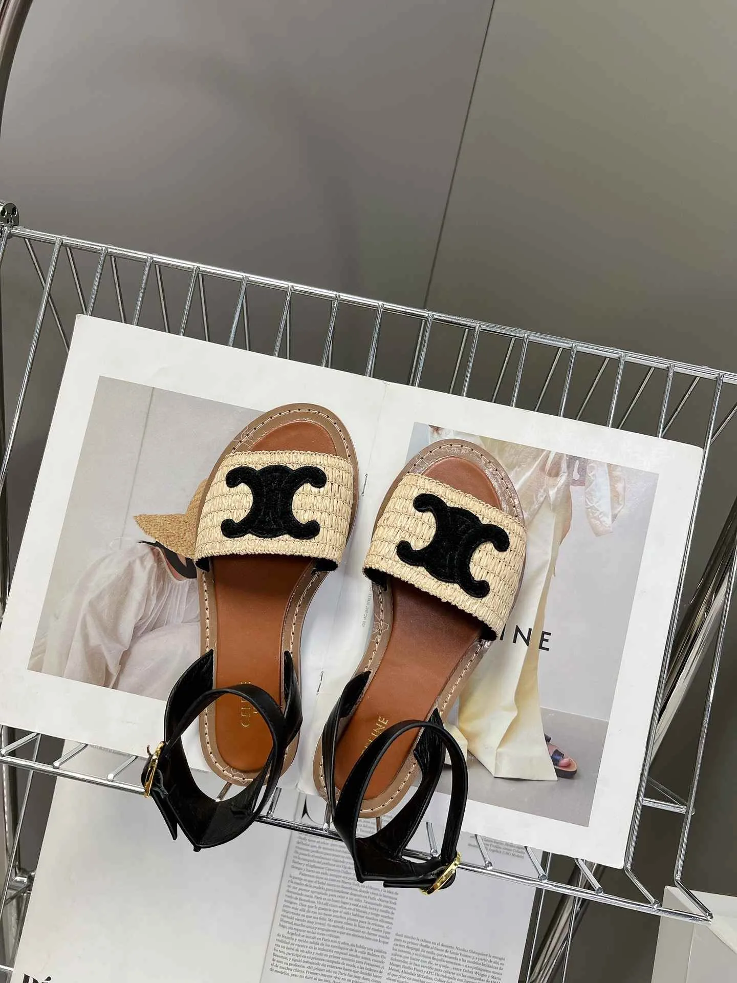 Celine Lympia Flat Strap Sandal In Raffia Black .02BL - Image 4