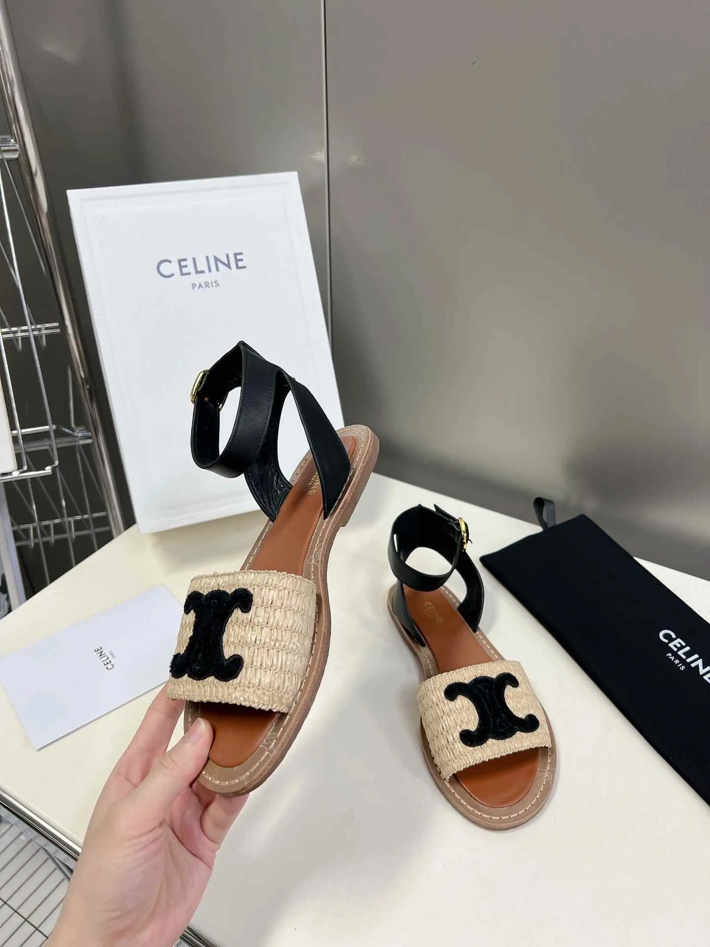Celine Lympia Flat Strap Sandal In Raffia Black .02BL - Image 5