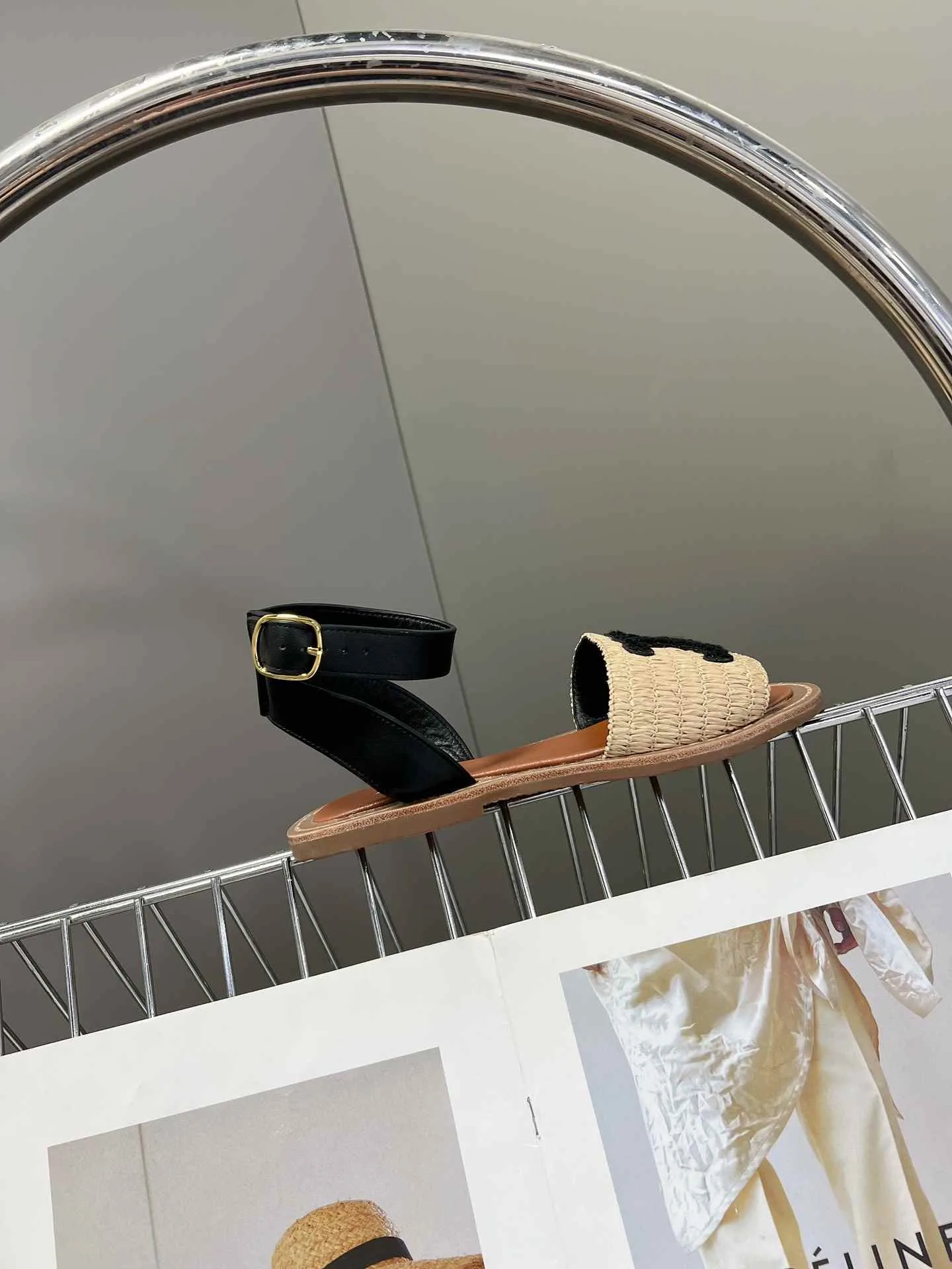 Celine Lympia Flat Strap Sandal In Raffia Black .02BL - Image 7