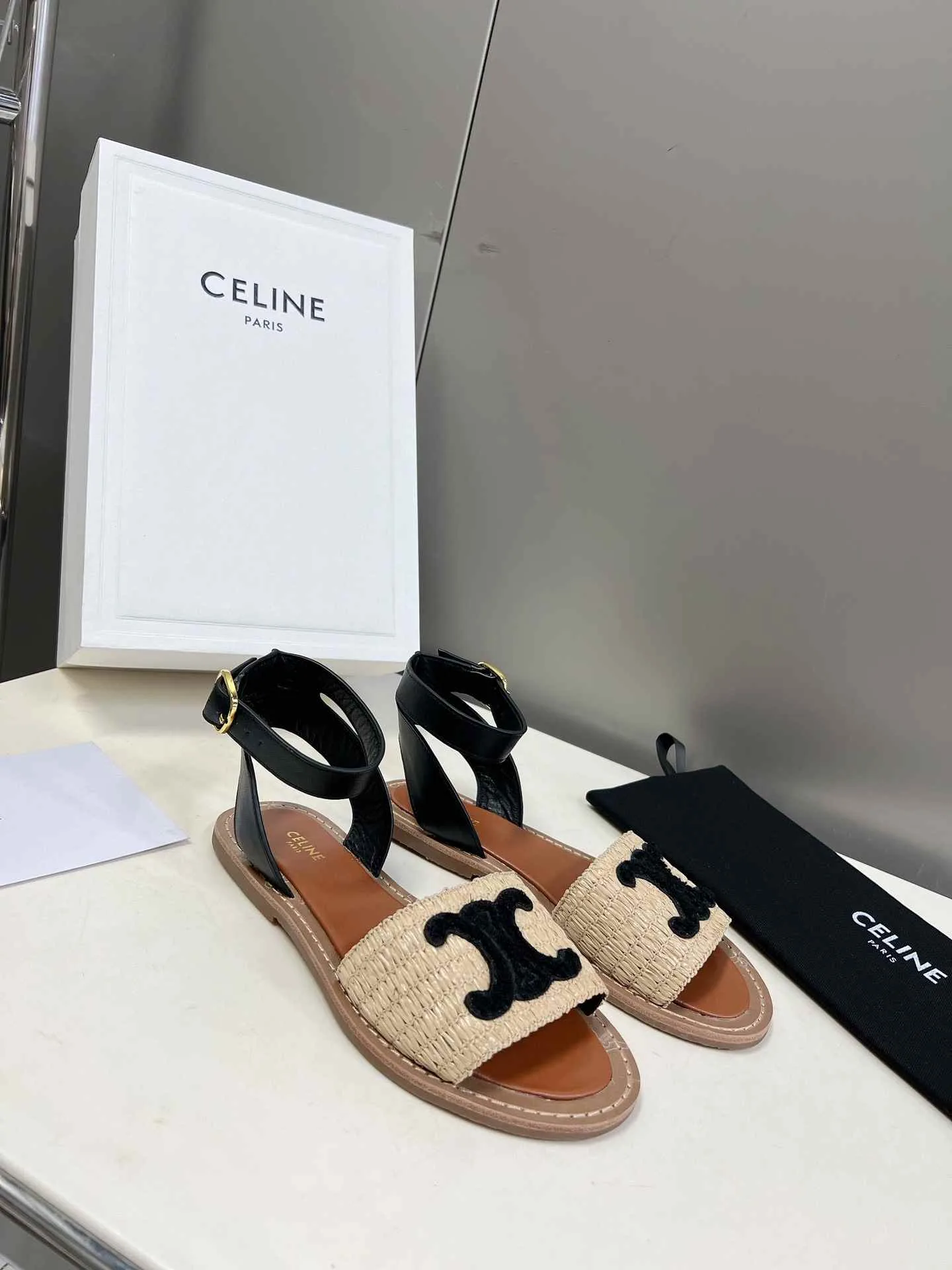 Celine Lympia Flat Strap Sandal In Raffia Black .02BL - Image 8