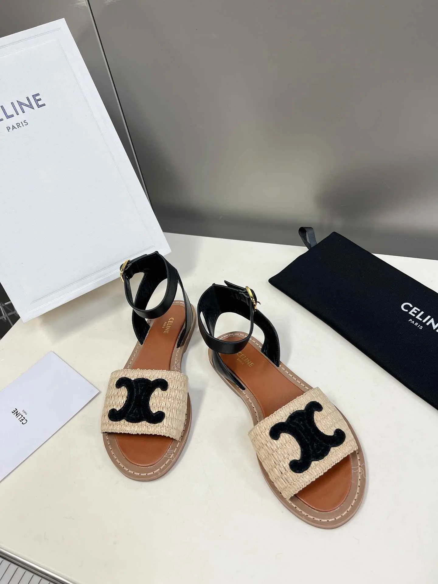 Celine Lympia Flat Strap Sandal In Raffia Black .02BL - Image 9