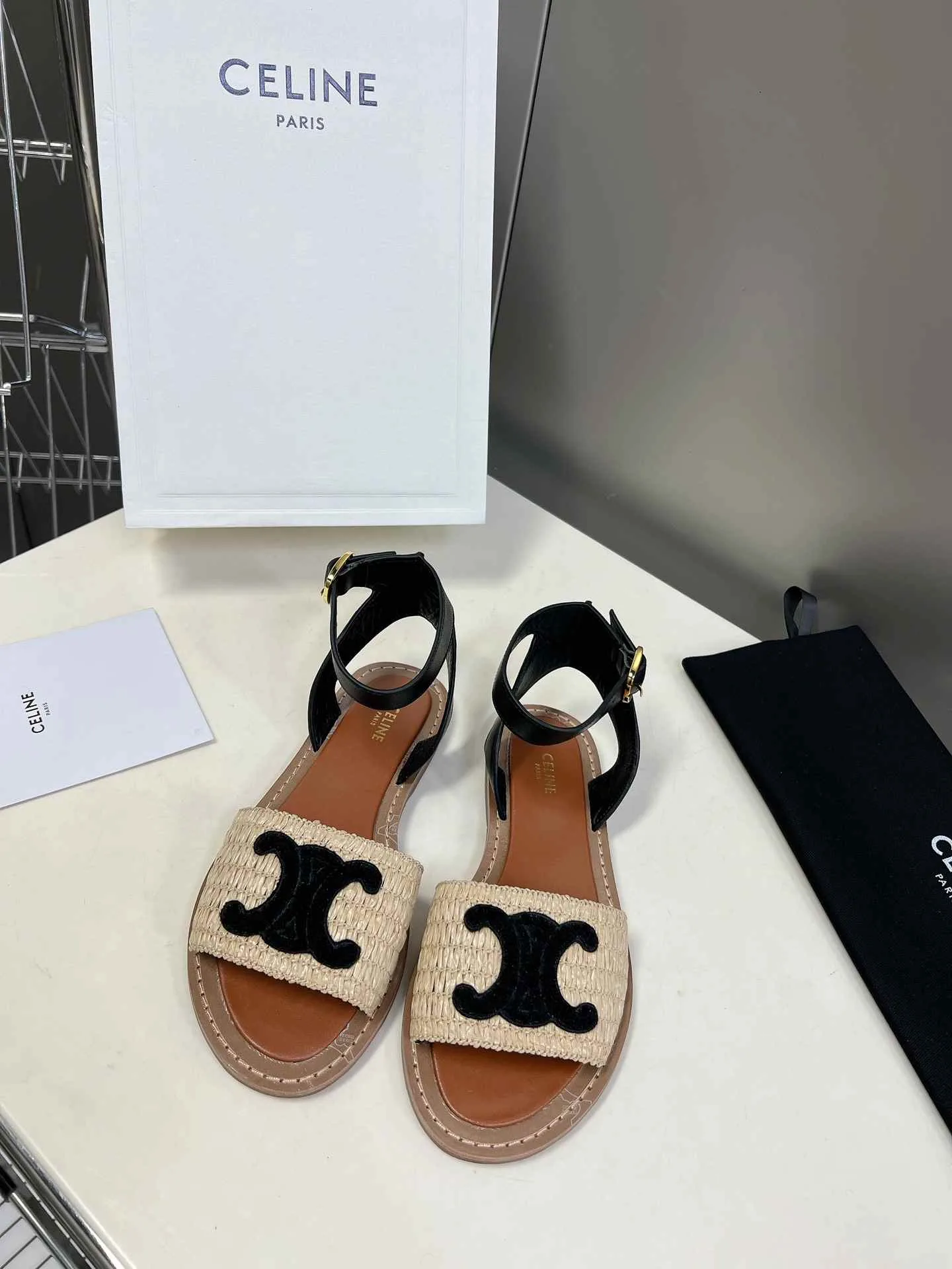 Celine Lympia Flat Strap Sandal In Raffia Black .02BL - Image 10
