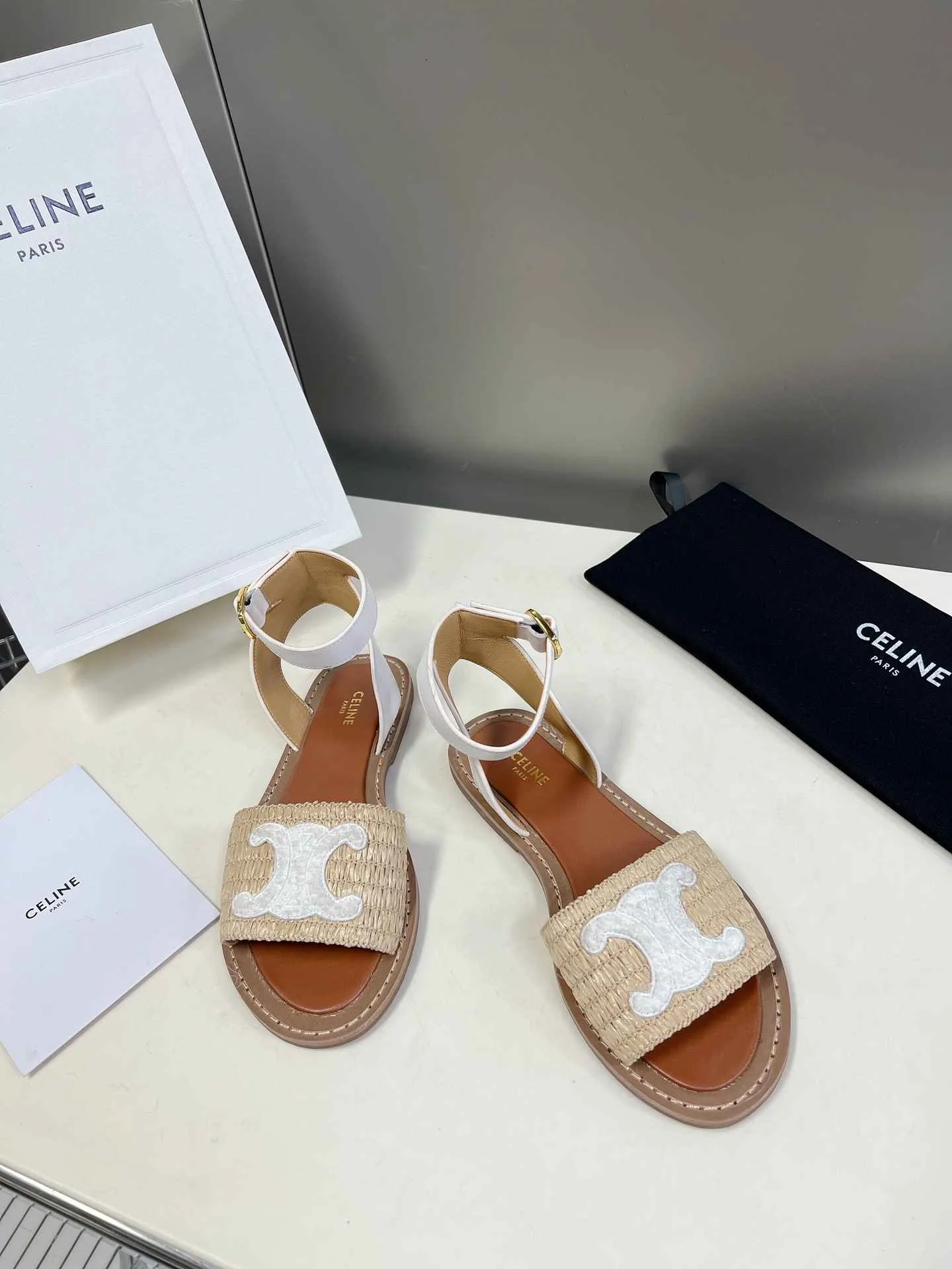 Celine Lympia Flat Strap Sandal In Raffia White .02GH - Image 4
