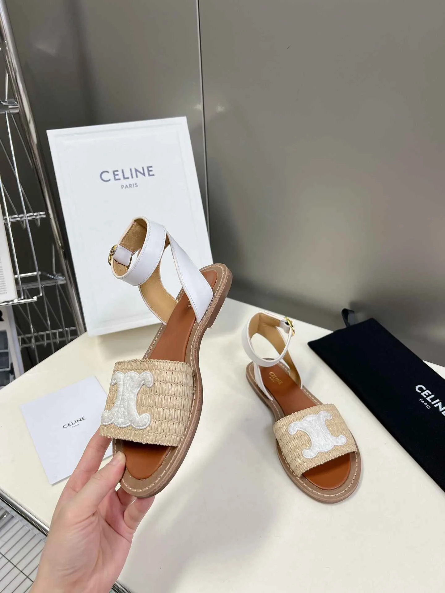 Celine Lympia Flat Strap Sandal In Raffia White .02GH - Image 7