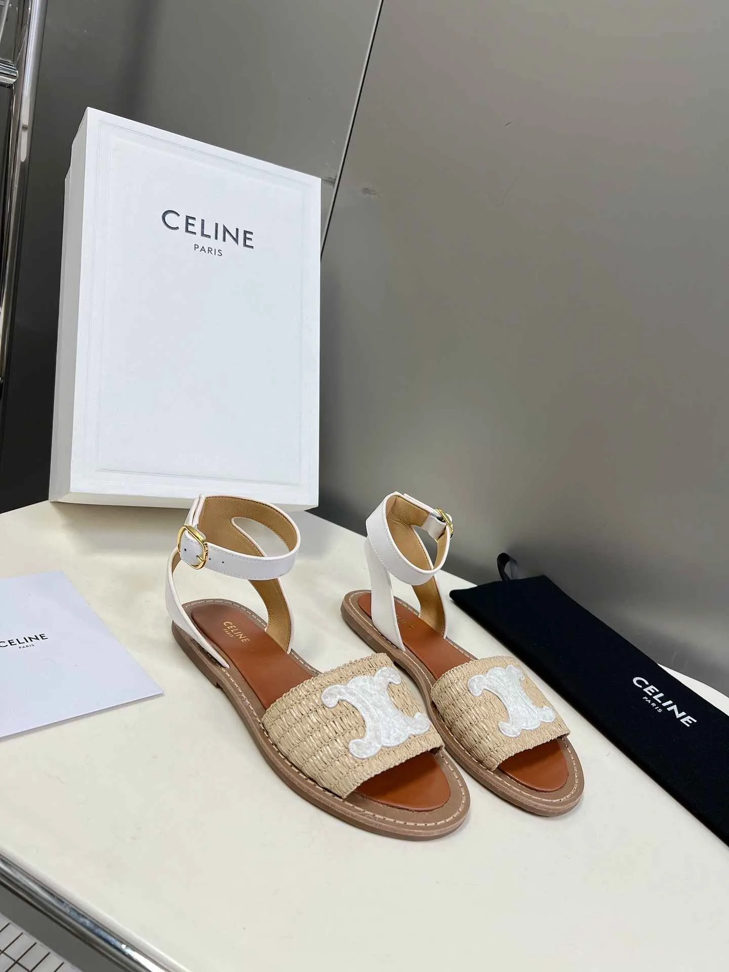 Celine Lympia Flat Strap Sandal In Raffia White .02GH - Image 9