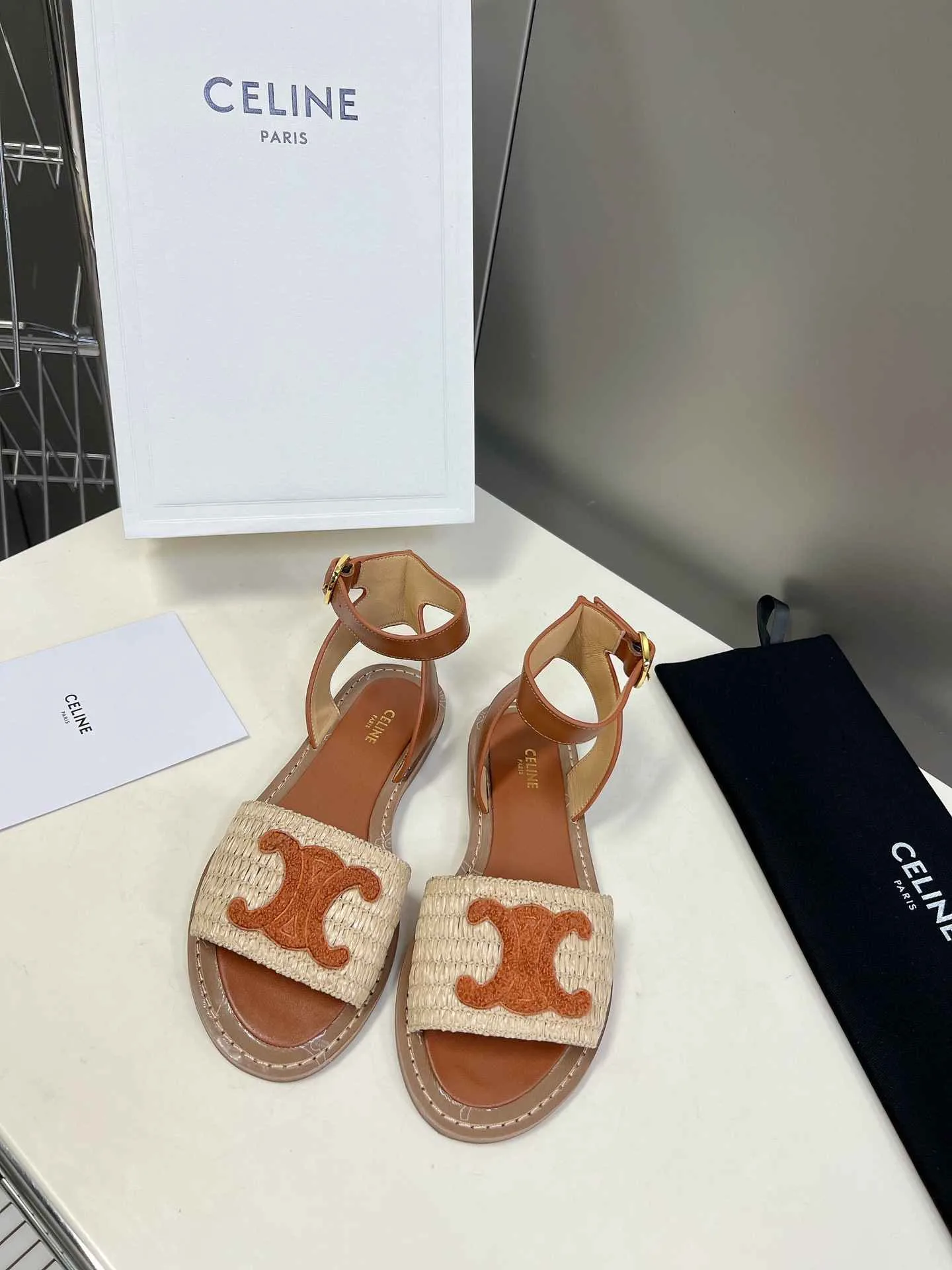 Celine Lympia Flat Strap Sandal In Raffia Brown - Image 3